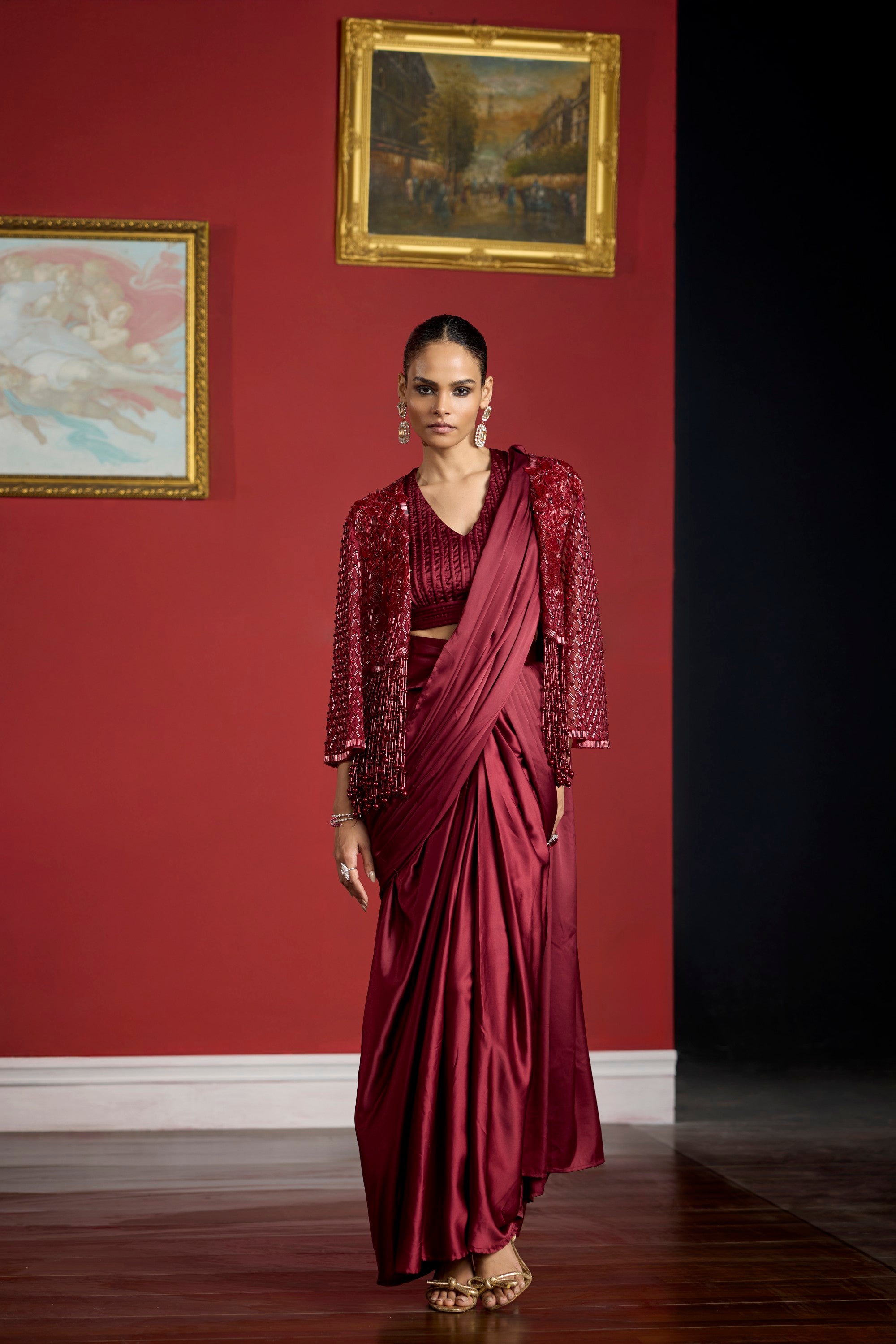 maroon pearl jacket saree