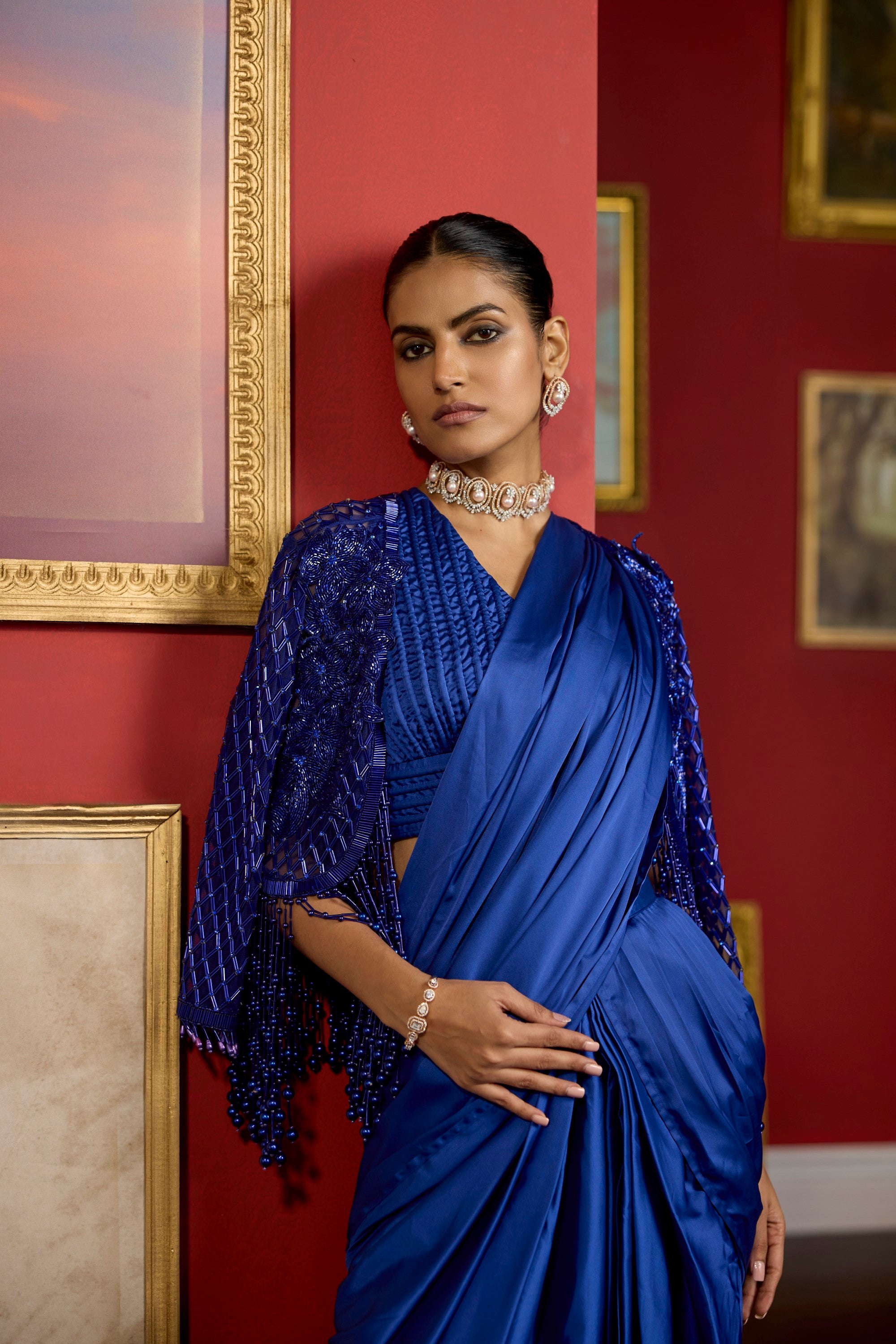 blue pearl jacket saree