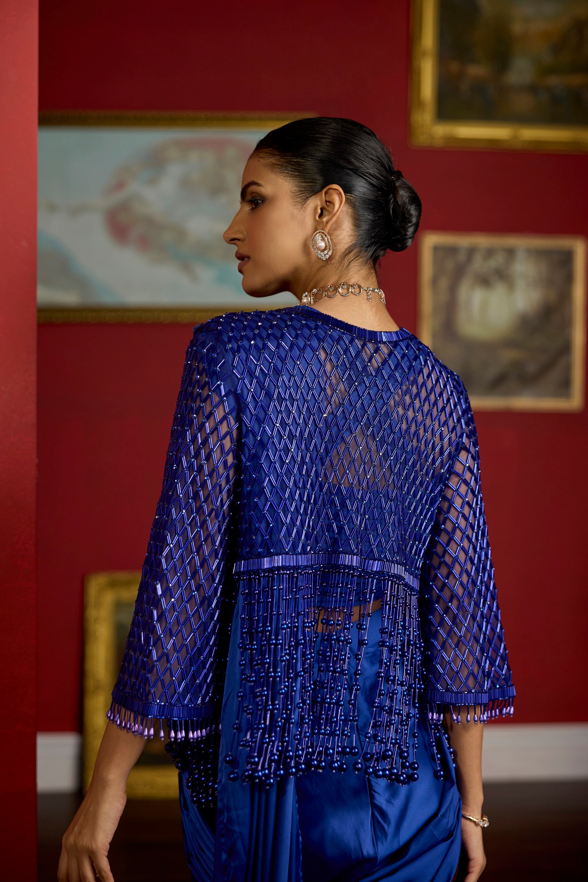 blue pearl jacket saree