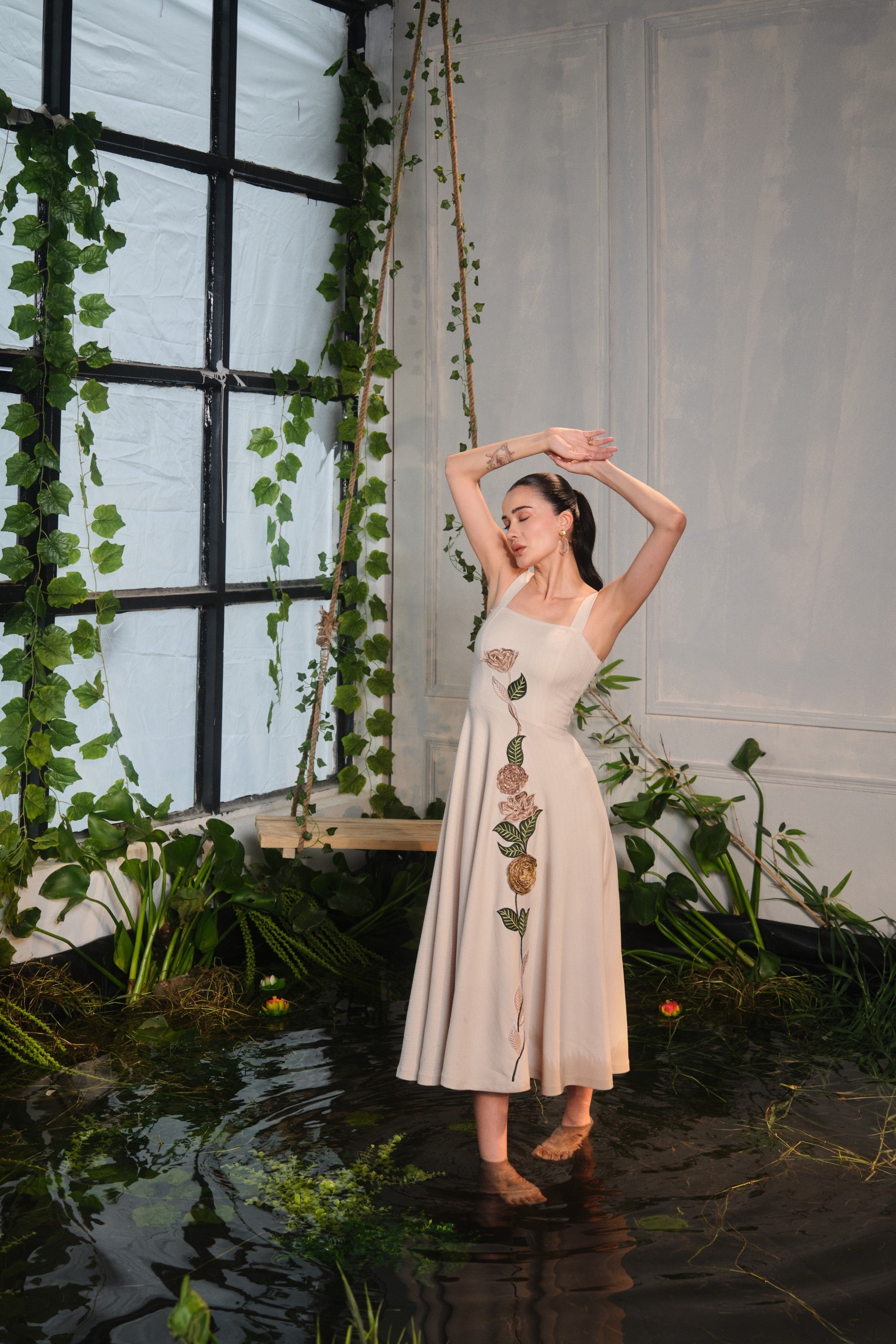 caia beige flower embroidered dress