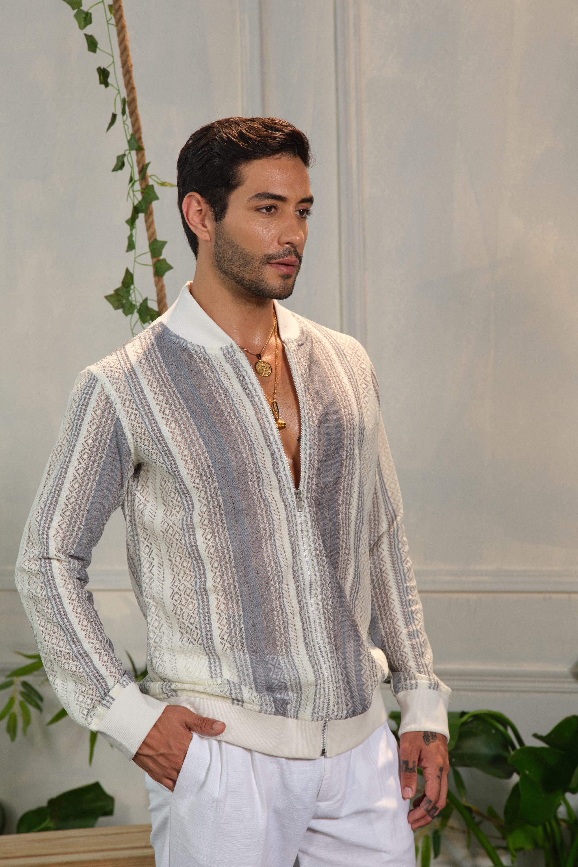 caia bomber jacket with linen pants