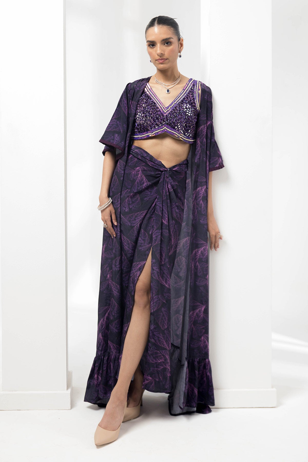 petal haze cape & slit skirt with handwork blouse