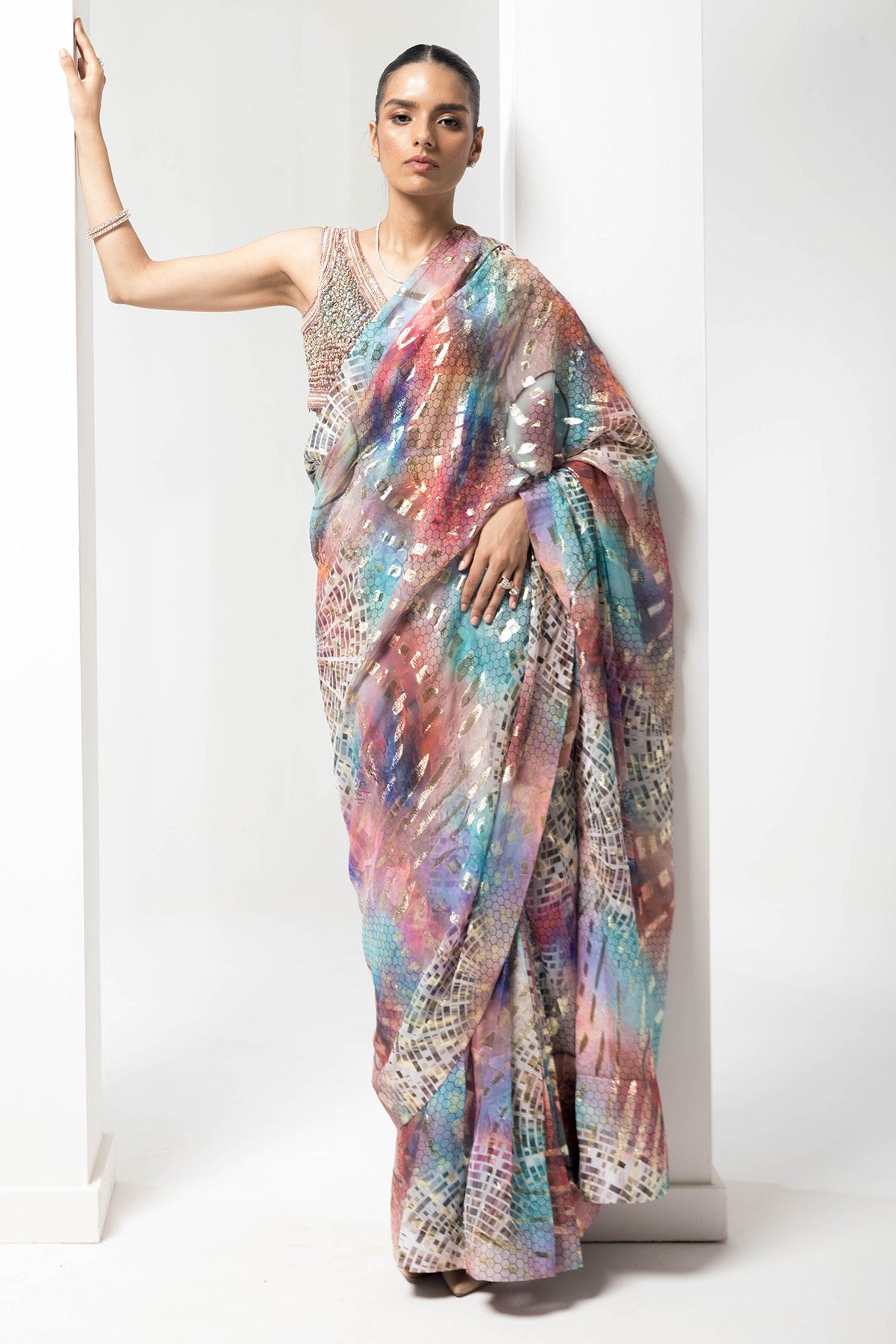Lurex-vibrant pre-stiched saree with embellished handwork blouse