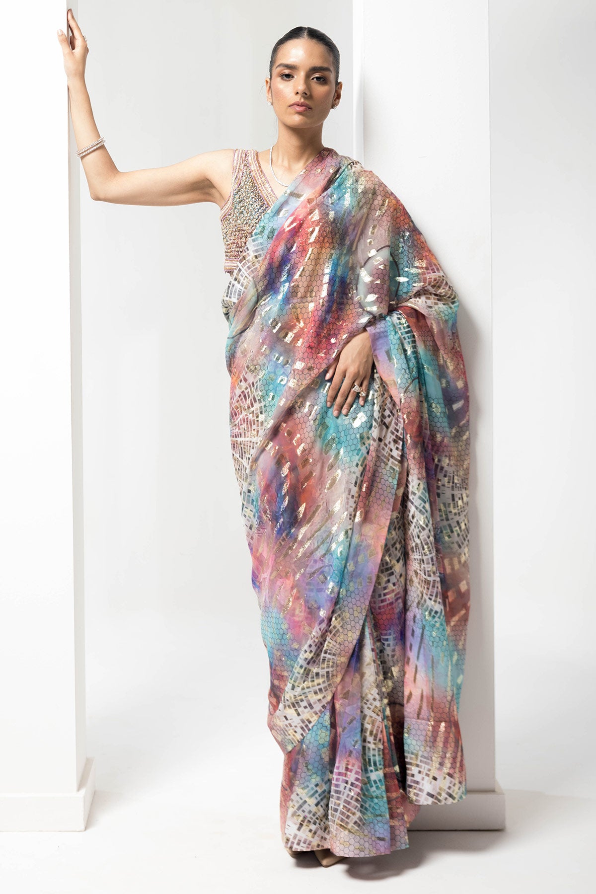Lurex-vibrant pre-stiched saree with embellished handwork blouse