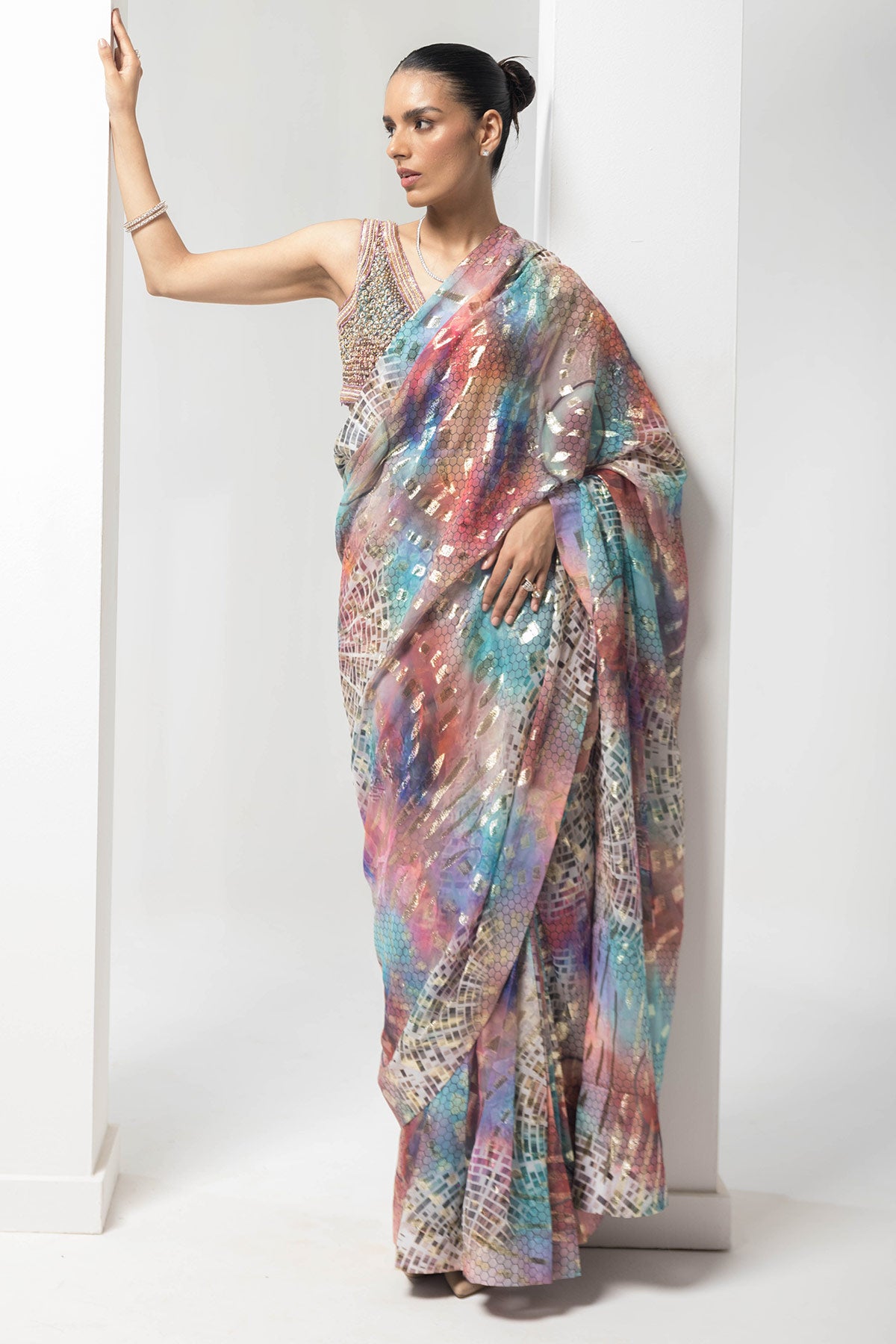 Lurex-vibrant pre-stiched saree with embellished handwork blouse