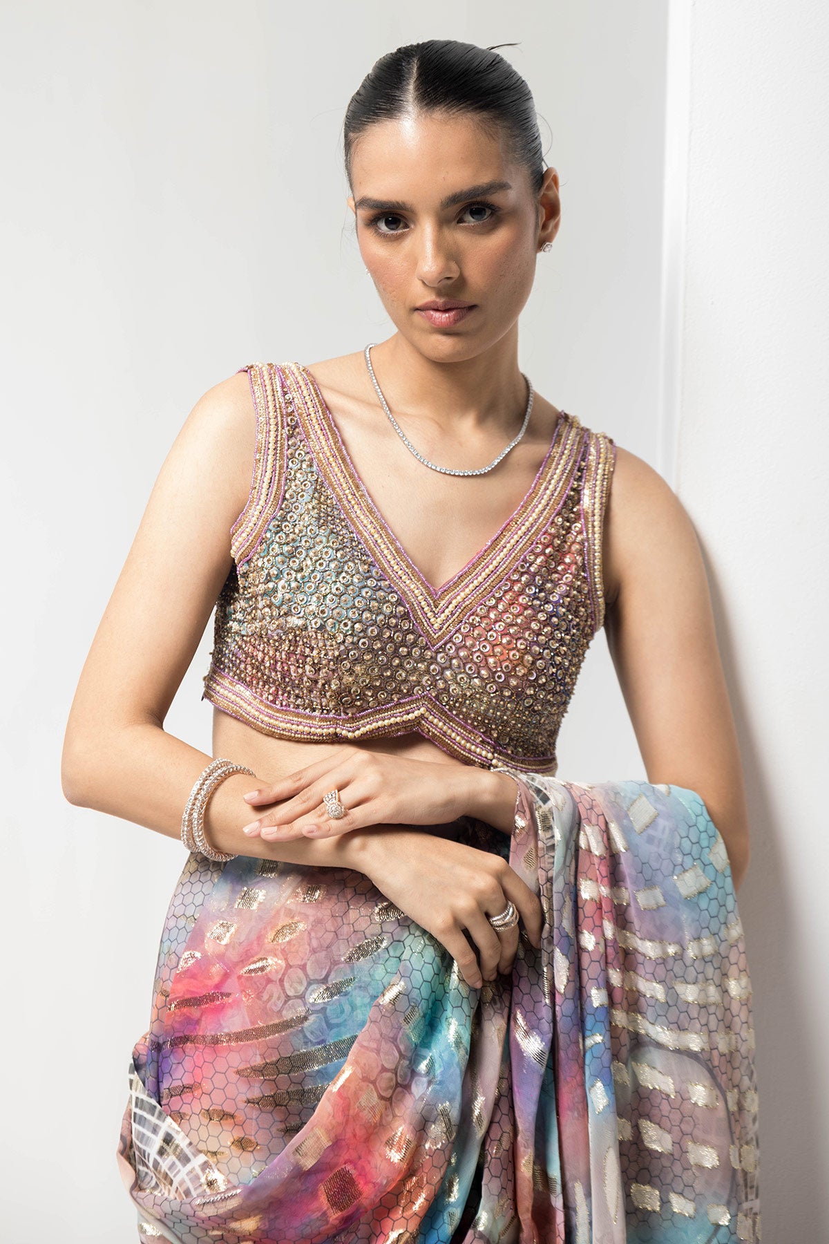 Lurex-vibrant pre-stiched saree with embellished handwork blouse
