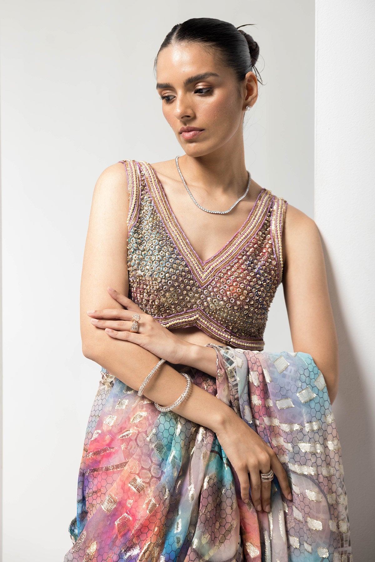 Lurex-vibrant pre-stiched saree with embellished handwork blouse