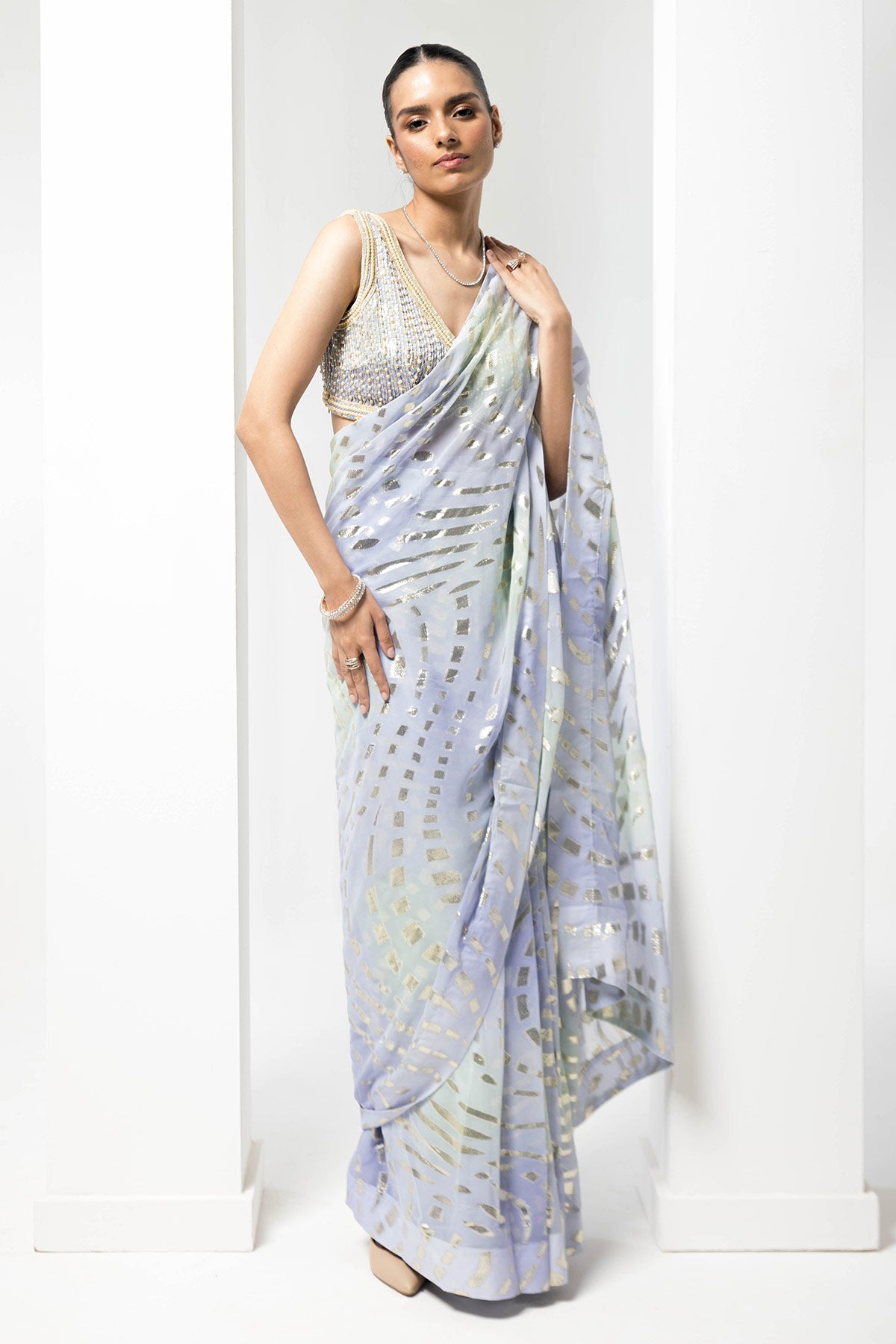 lurex-vibrant pastel pre-stiched saree with embellished handwork blouse