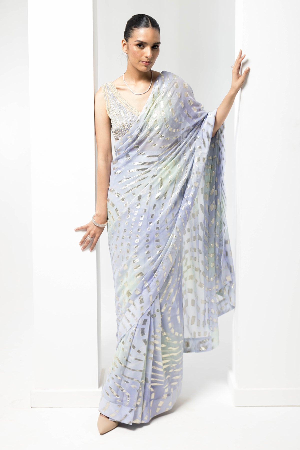 lurex-vibrant pastel pre-stiched saree with embellished handwork blouse