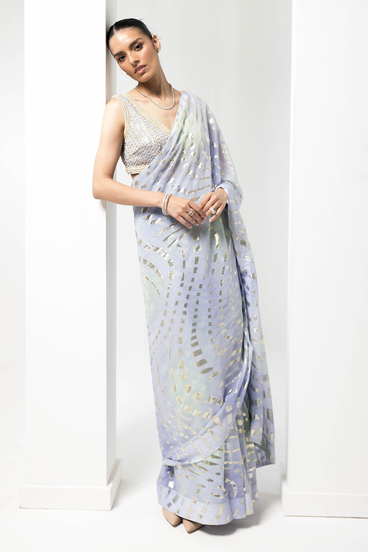 lurex-vibrant pastel pre-stiched saree with embellished handwork blouse