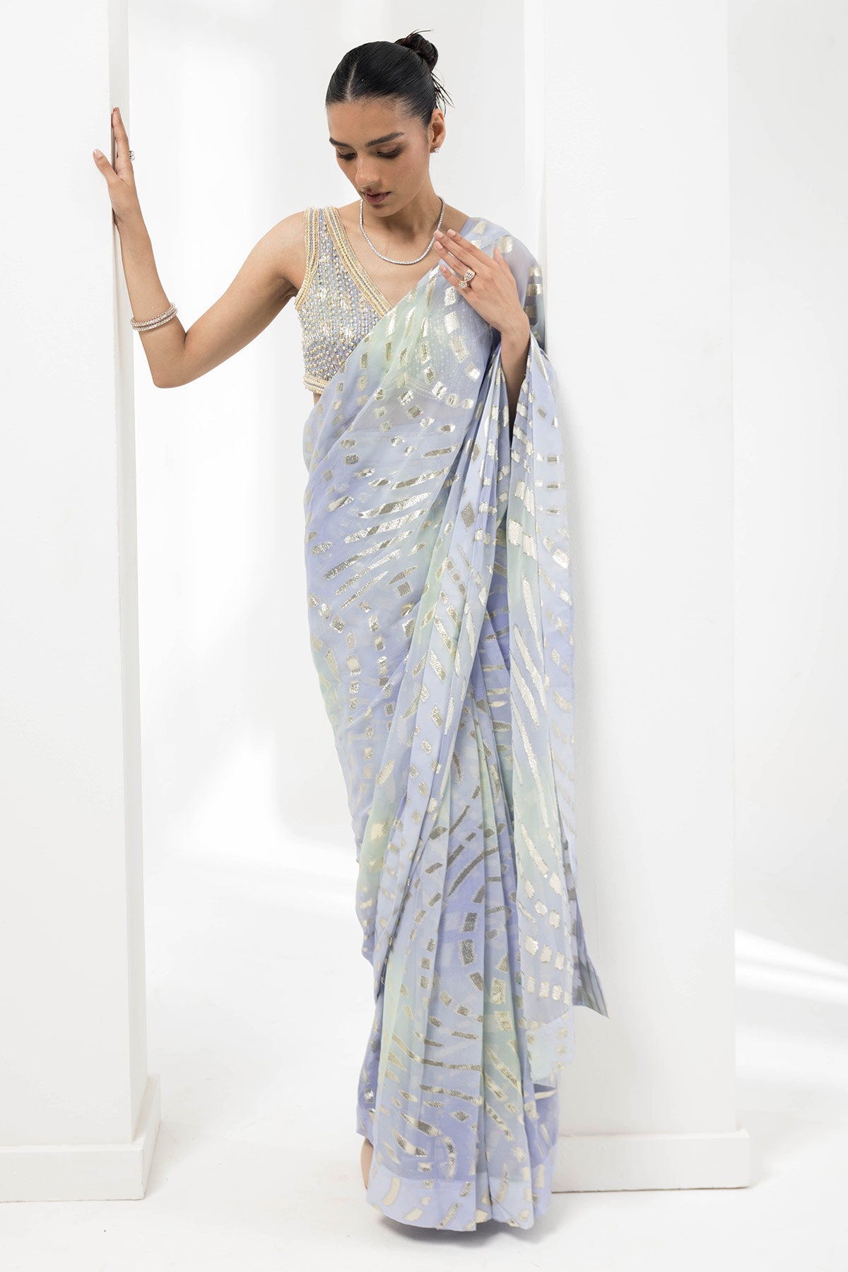 lurex-vibrant pastel pre-stiched saree with embellished handwork blouse
