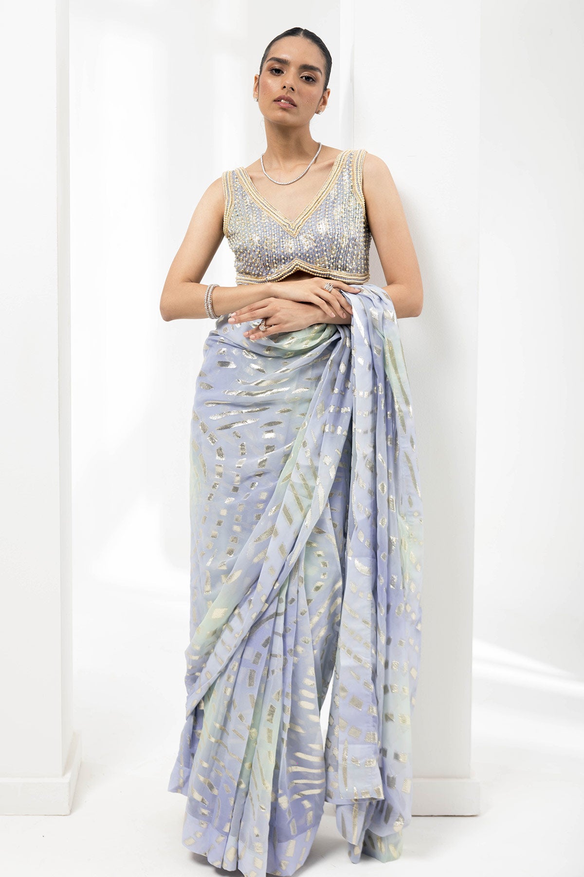 lurex-vibrant pastel pre-stiched saree with embellished handwork blouse