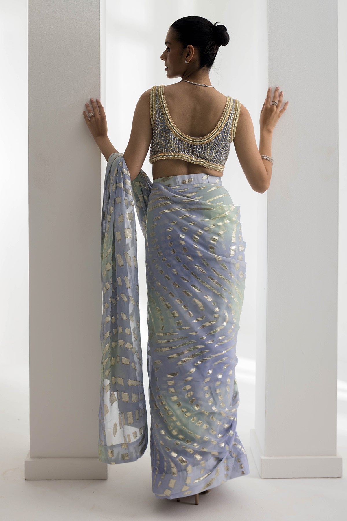lurex-vibrant pastel pre-stiched saree with embellished handwork blouse