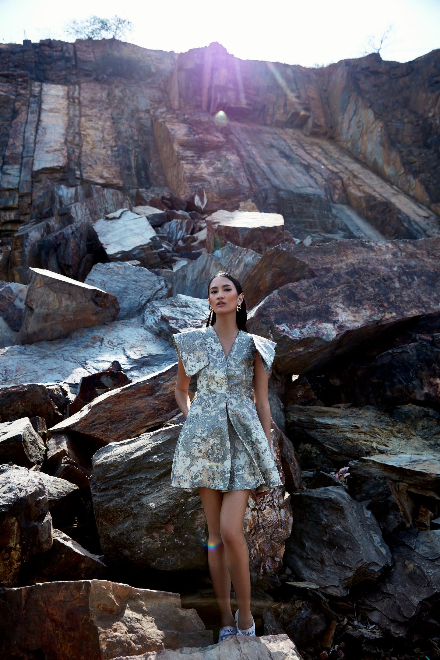 Brocade flap structured shoulder dress