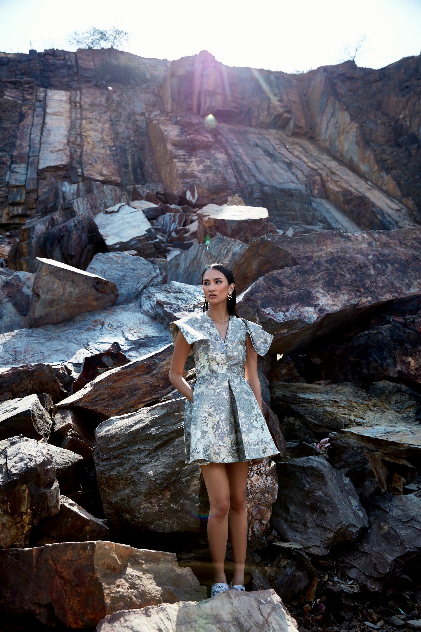 Brocade flap structured shoulder dress