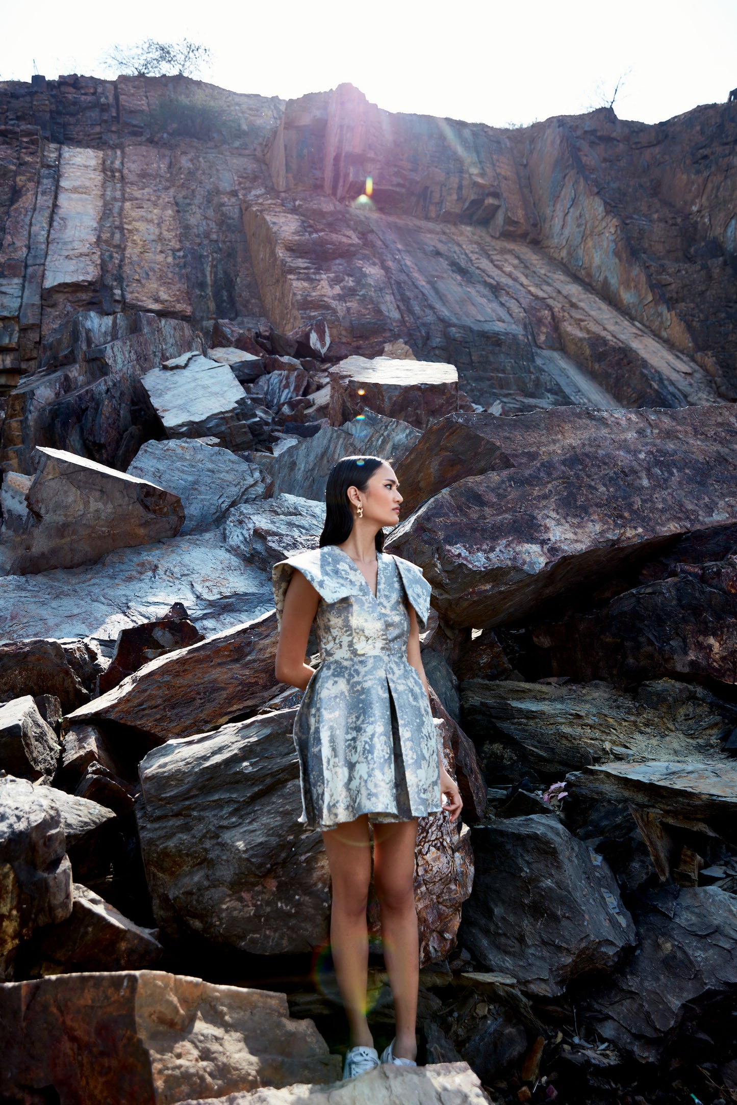 Brocade flap structured shoulder dress