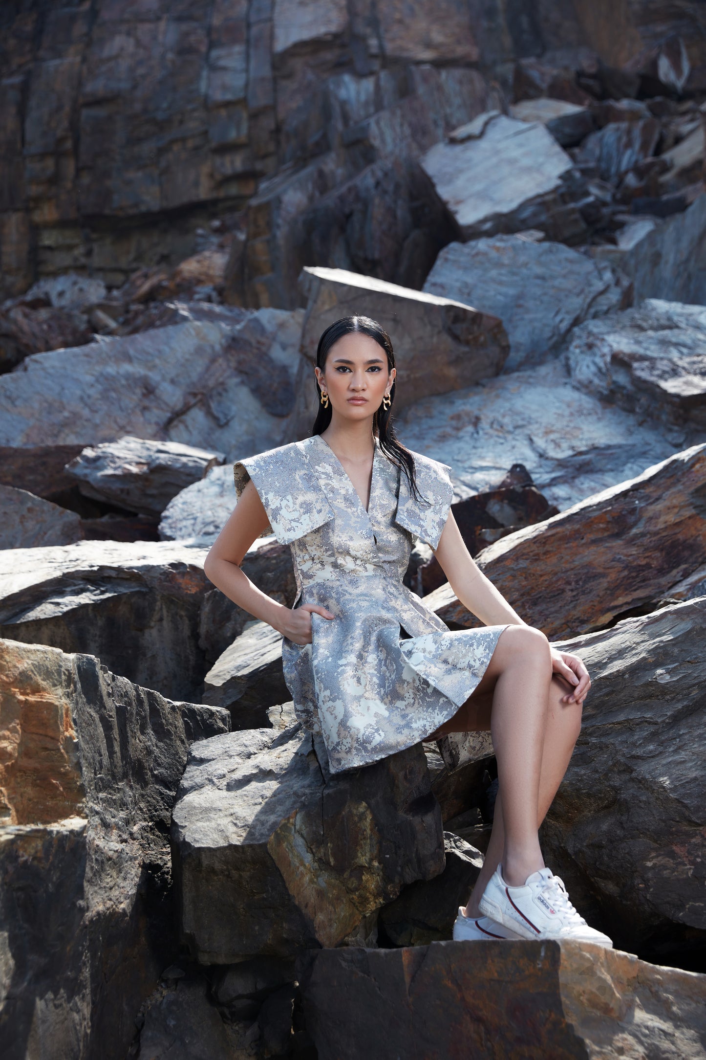 Brocade flap structured shoulder dress