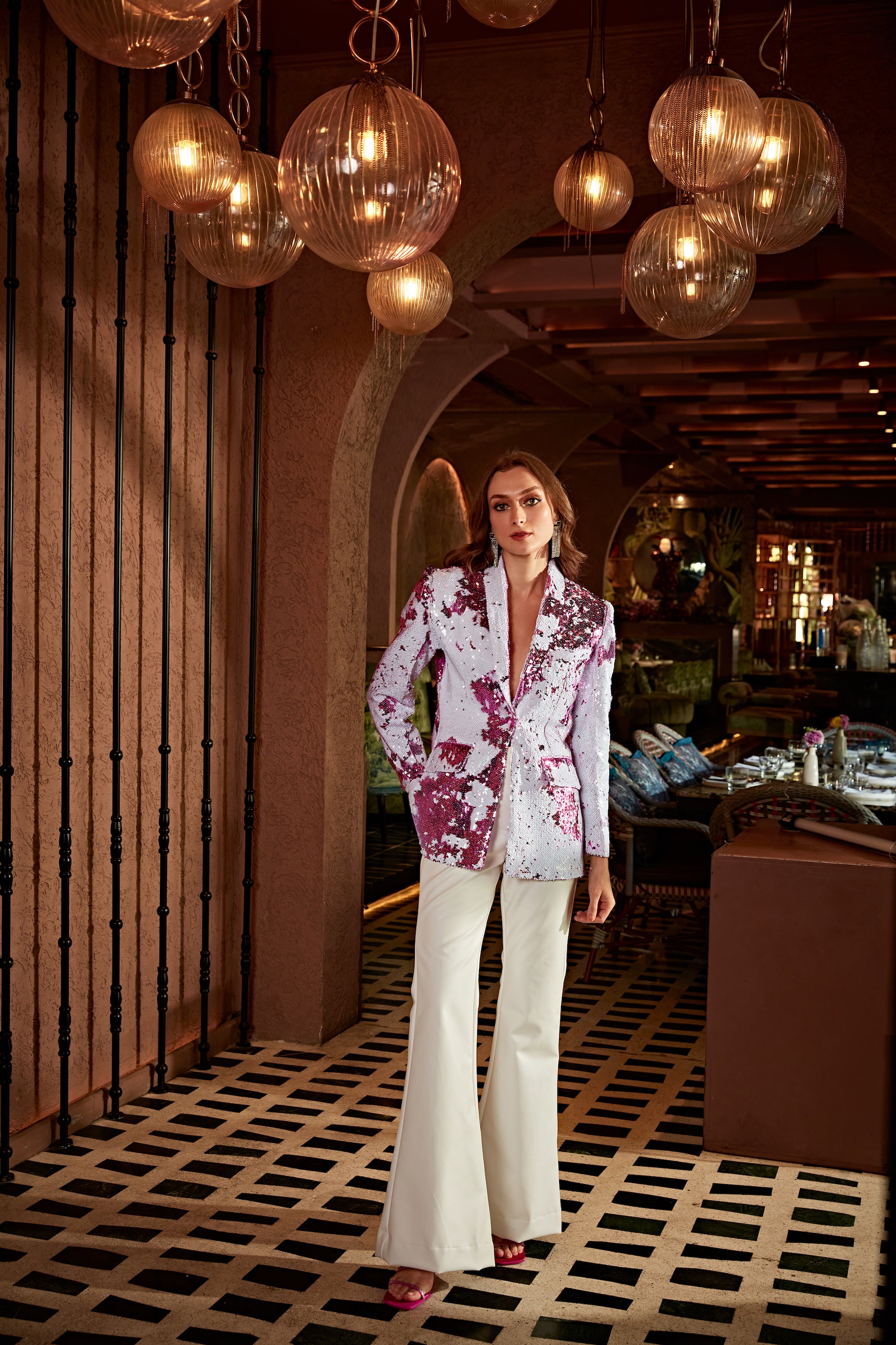 Nouba shaded pink sequence blazer with leather pants