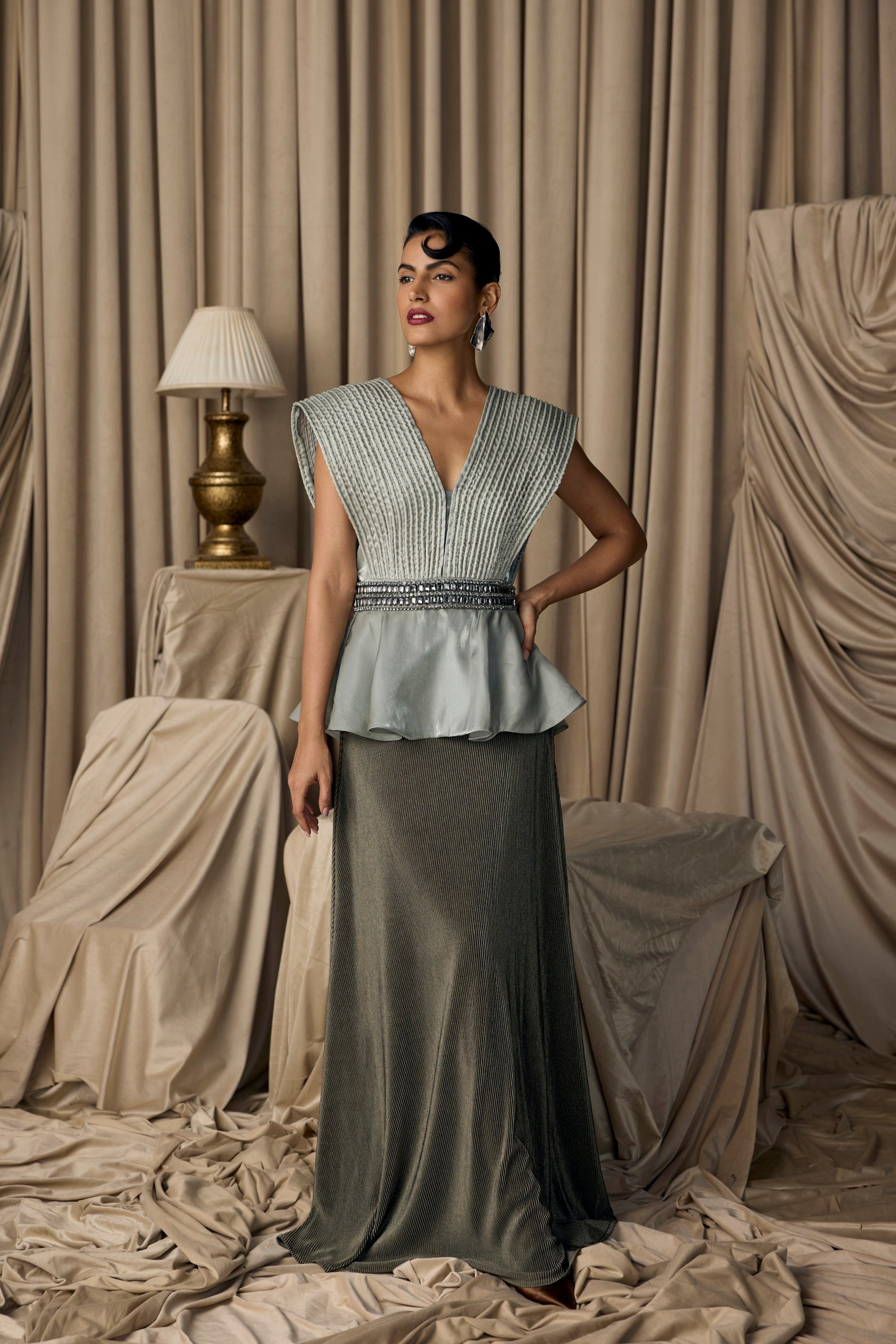 olivia dori peplum top with pleated skirt