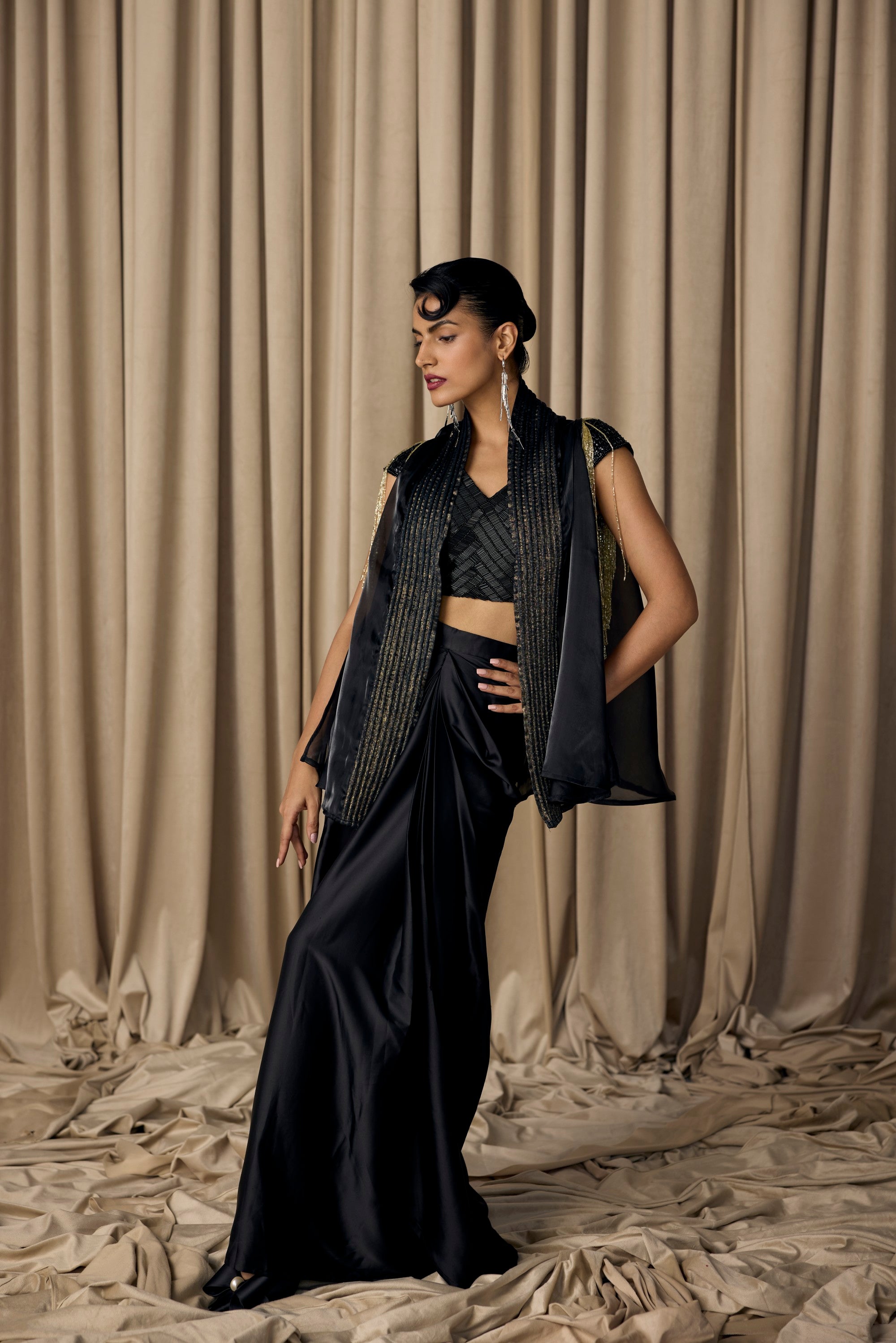 nalki black drape skirt with cape