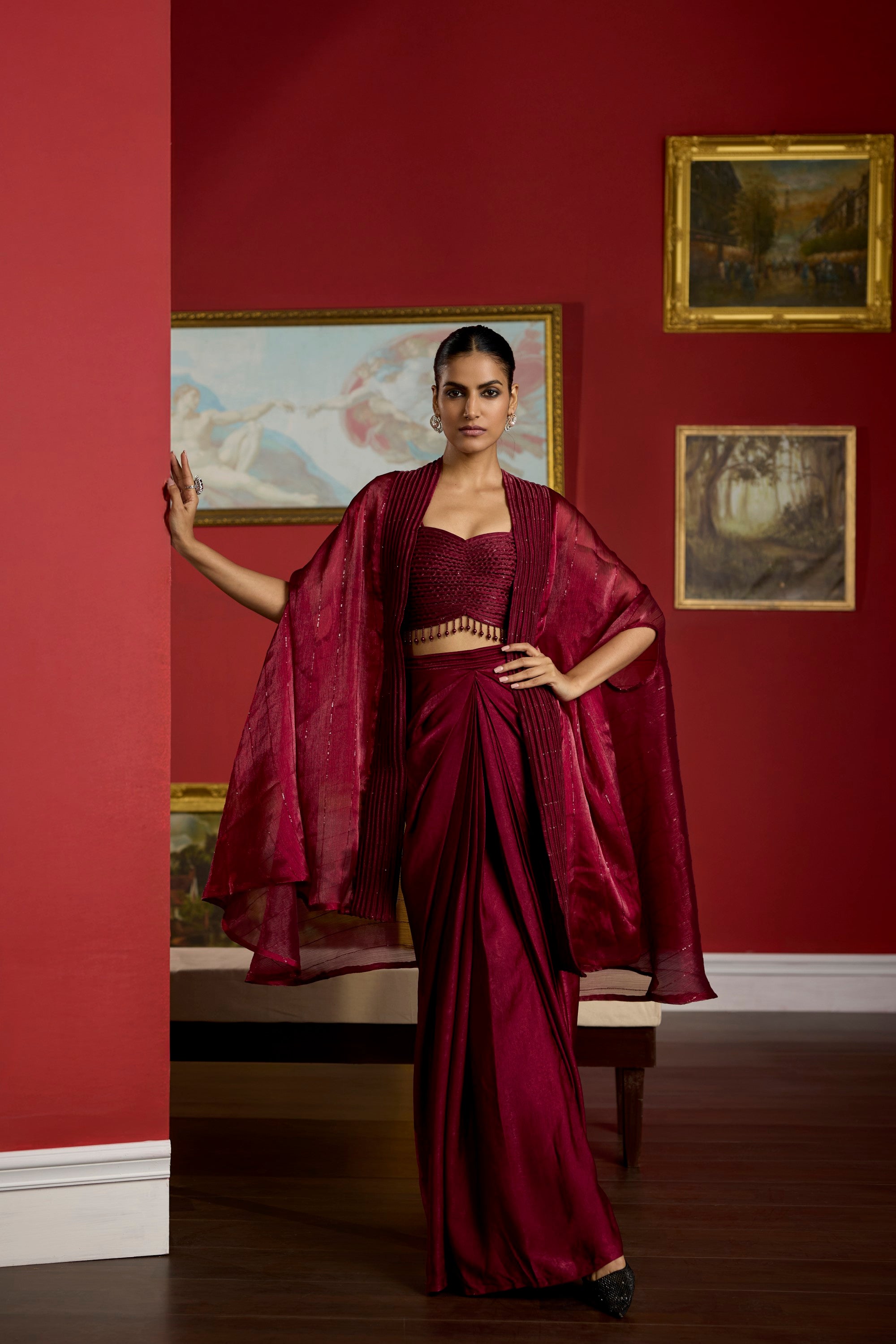 maroon-dori cape set