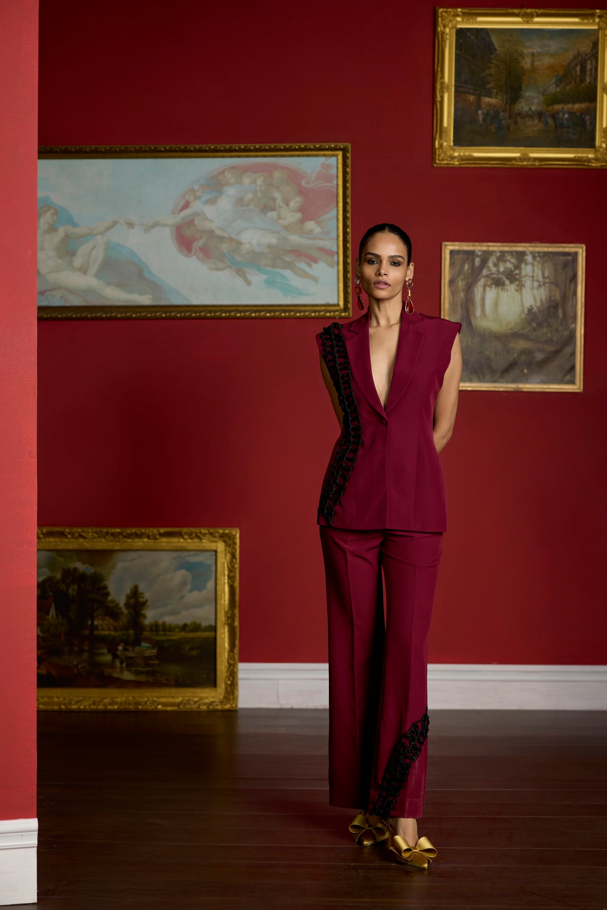 maroon cross knot blazer set