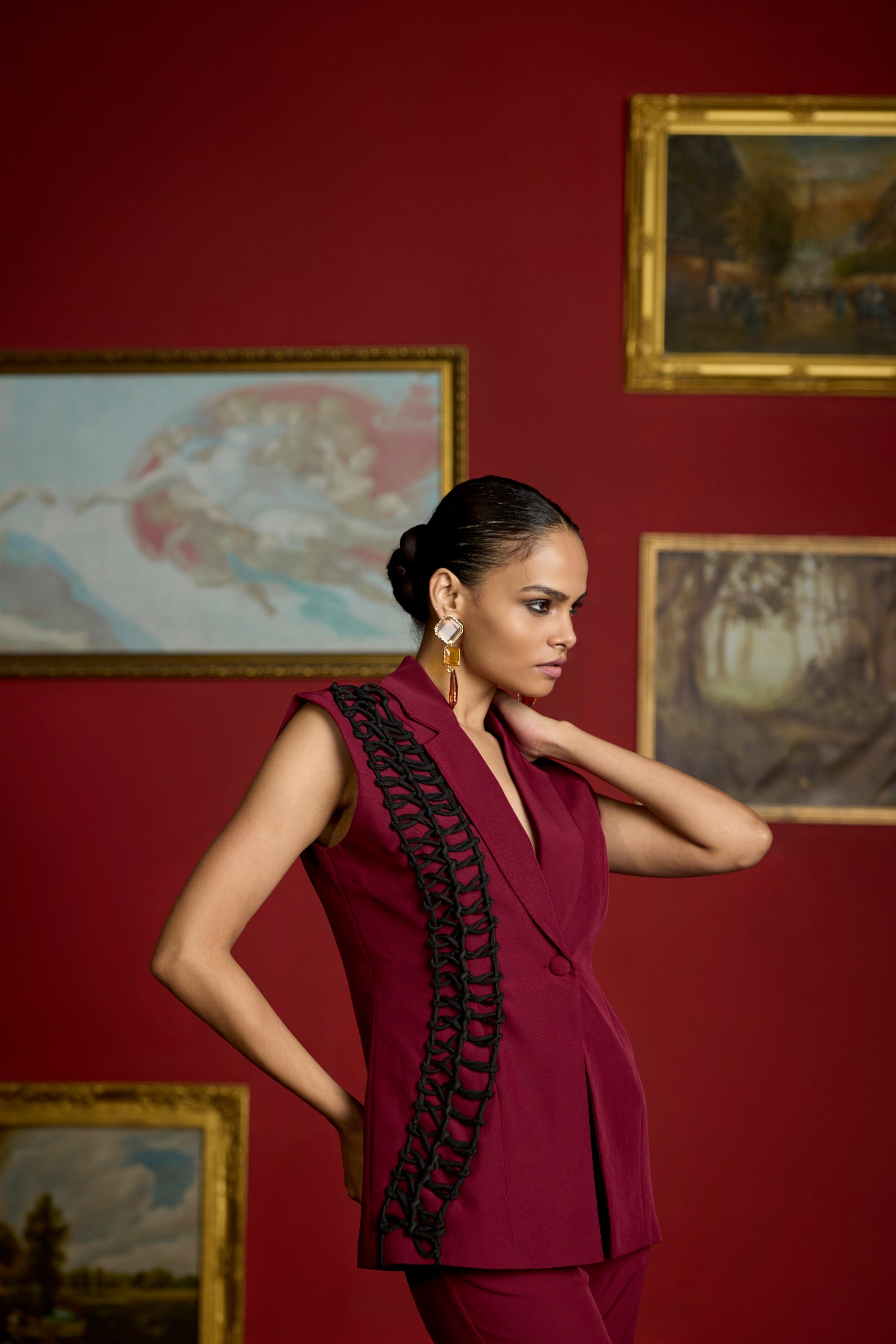 maroon cross knot blazer set
