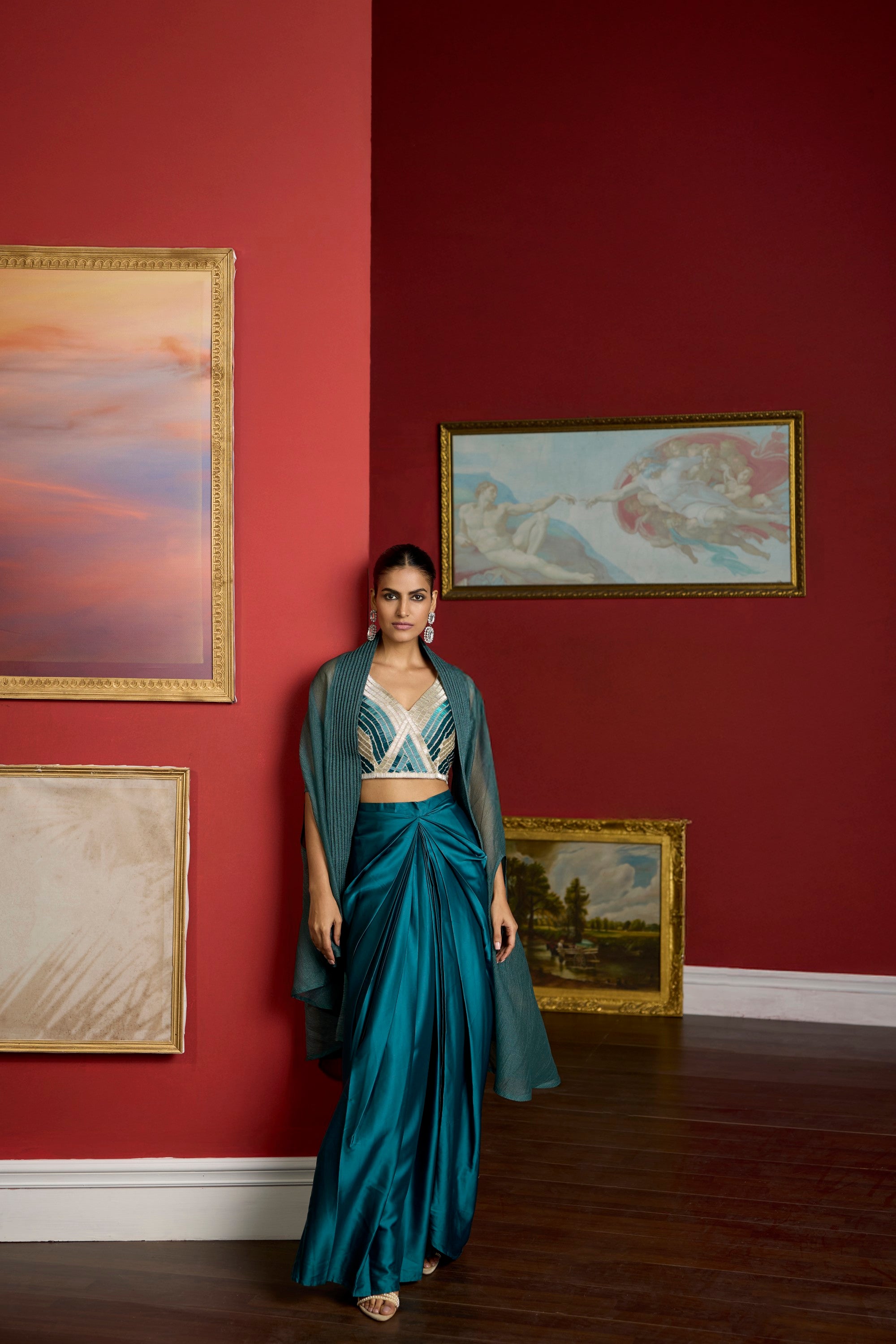turquoise nalki blouse cape set