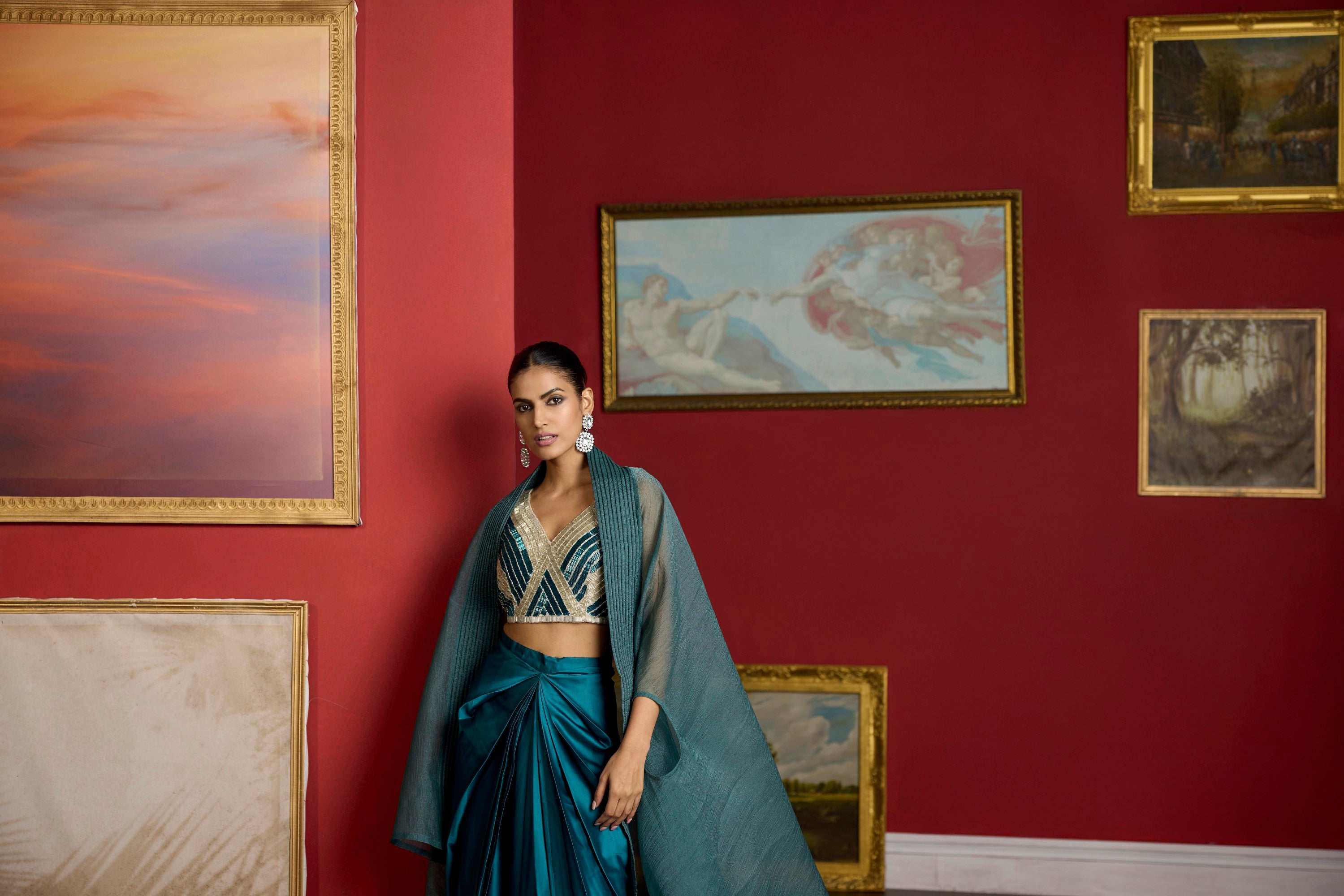 turquoise nalki blouse cape set