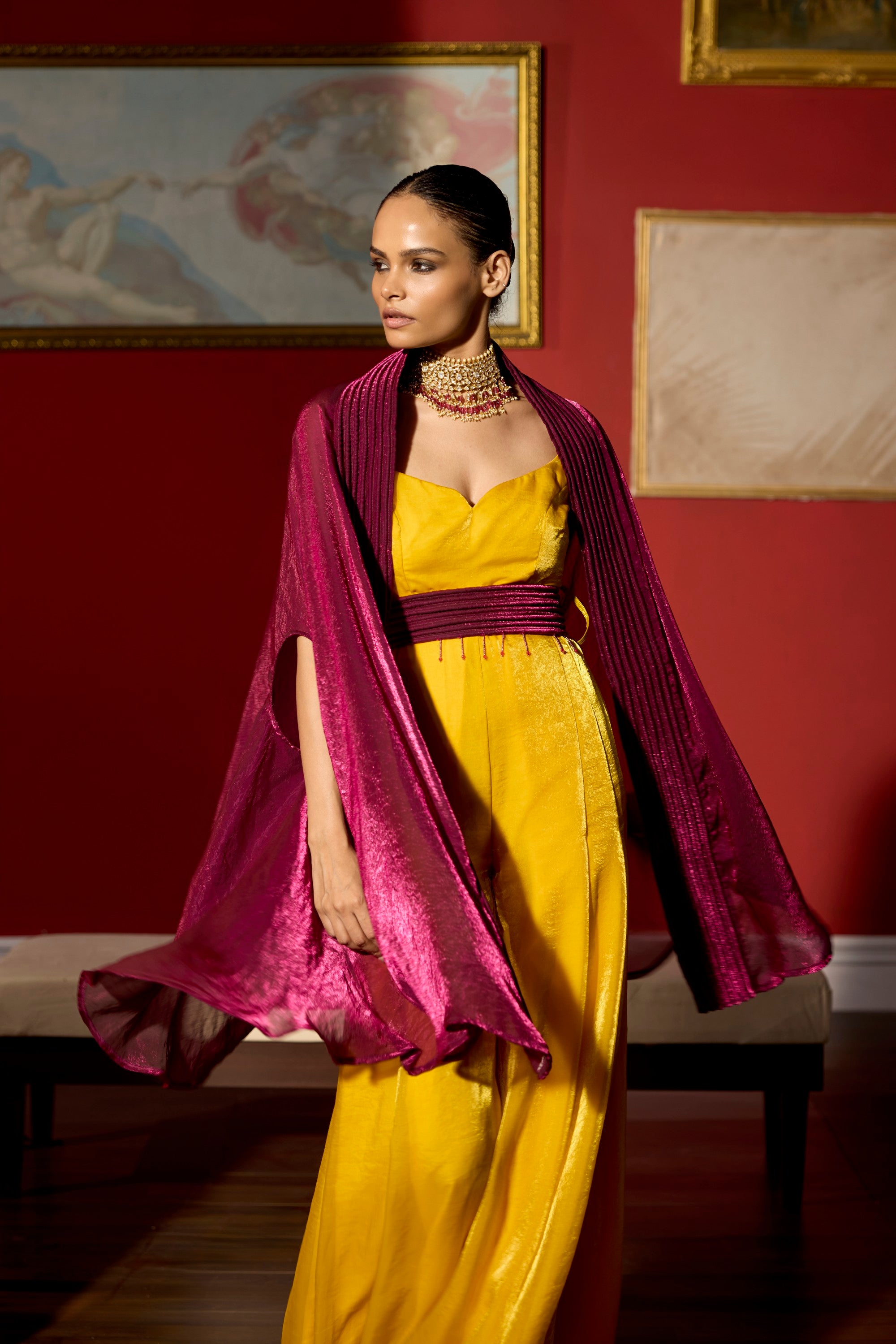 mus-yellow jumpsuit with cape