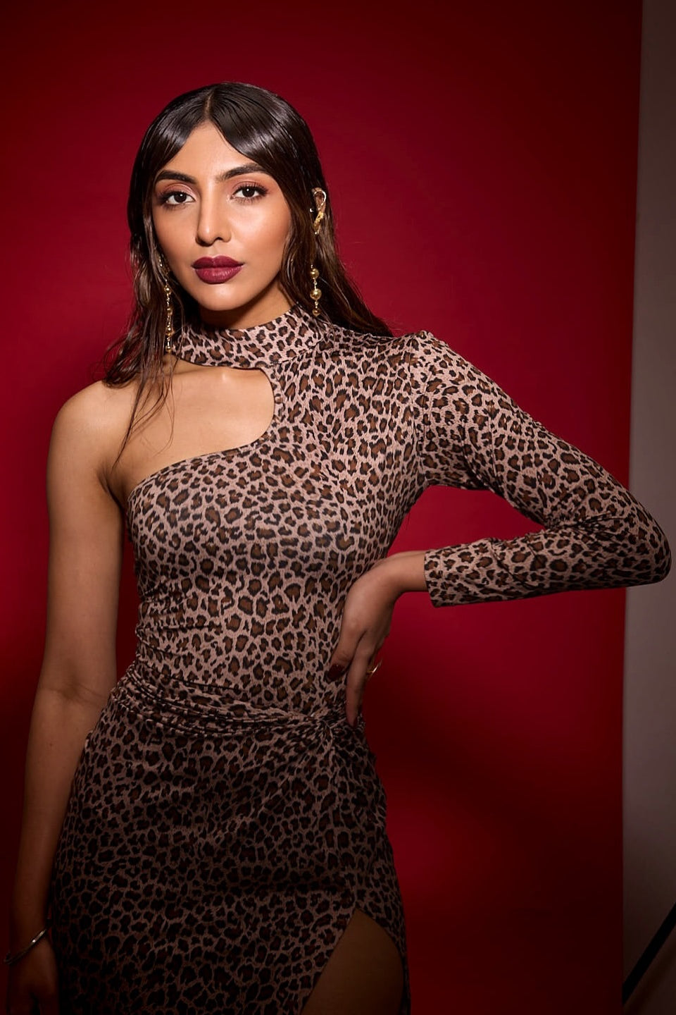 mallaikaa x leopard knotted slit skirt with bodysuit