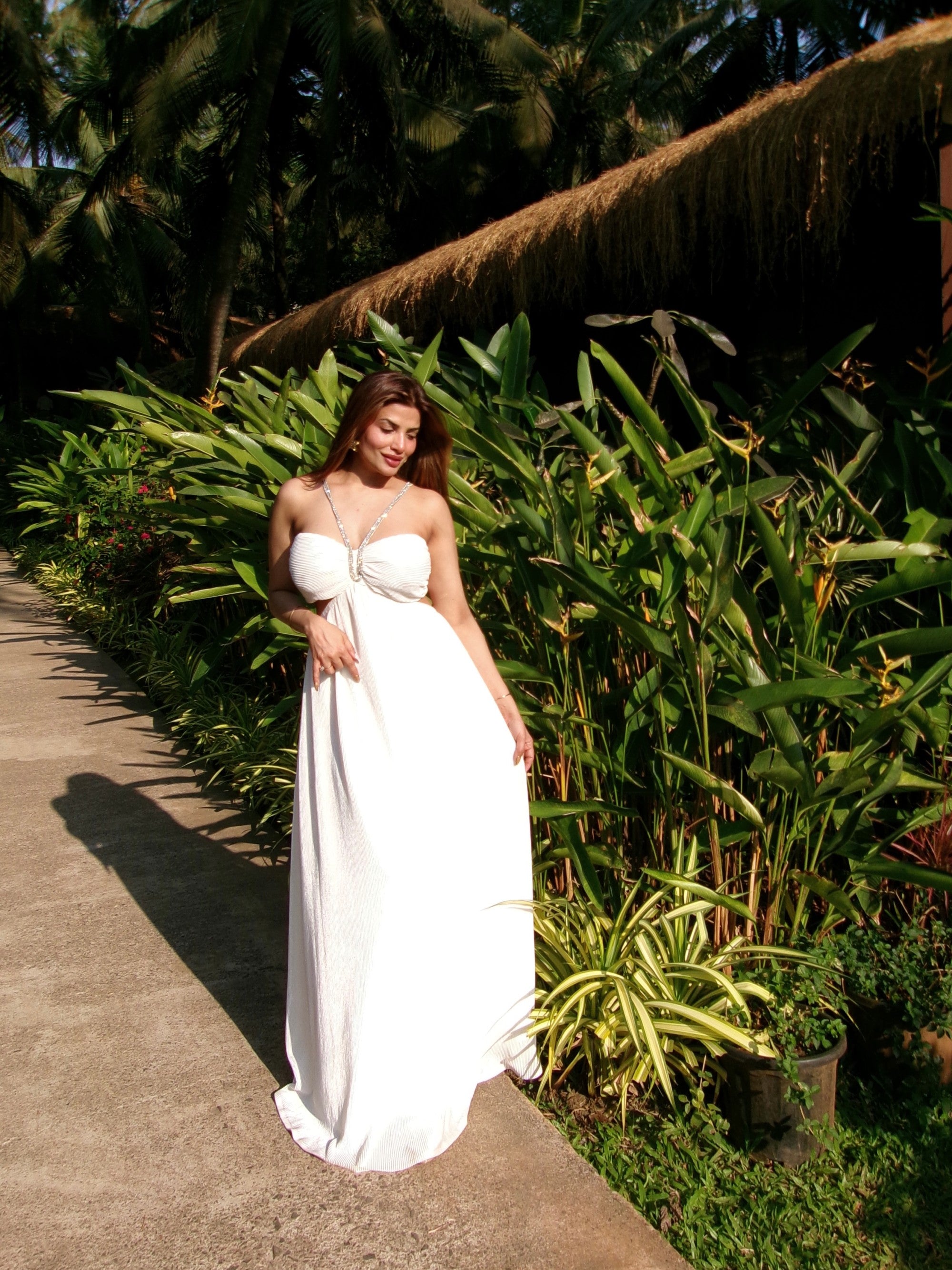 Crystal string pleats white dress