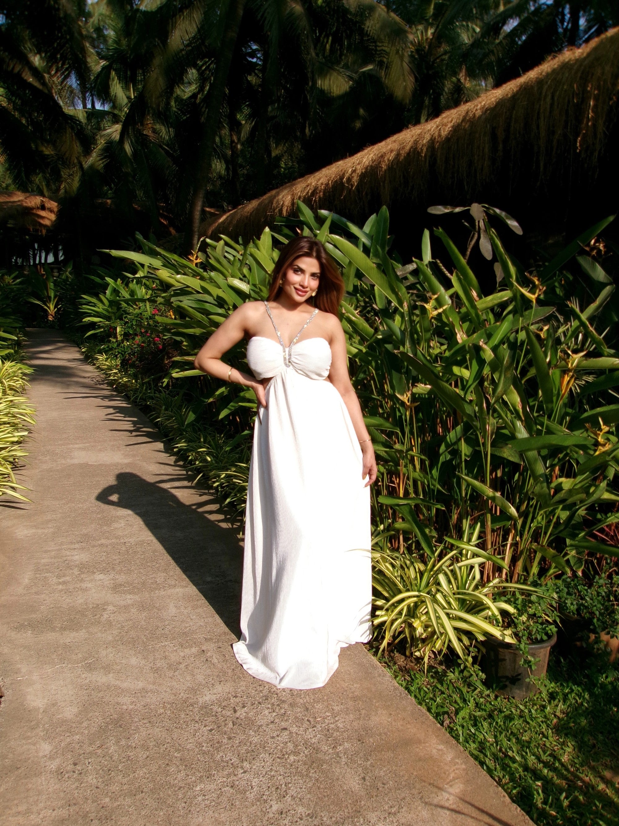 Crystal string pleats white dress