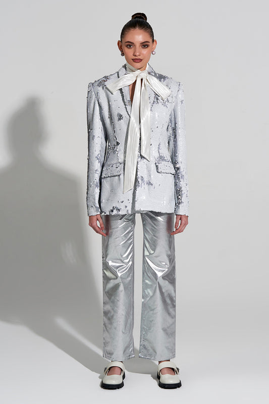 Shaded Silver White Sequence Blazer With Metallic Leather Pants