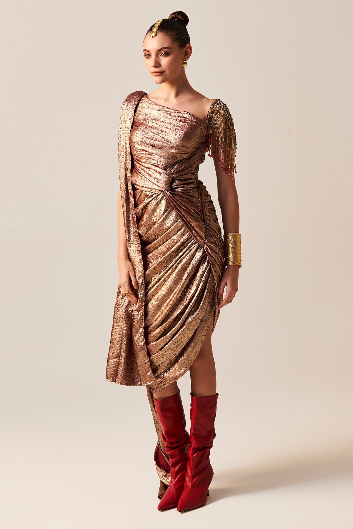 Metallic Red Indo Fusion Drape Motif Dress