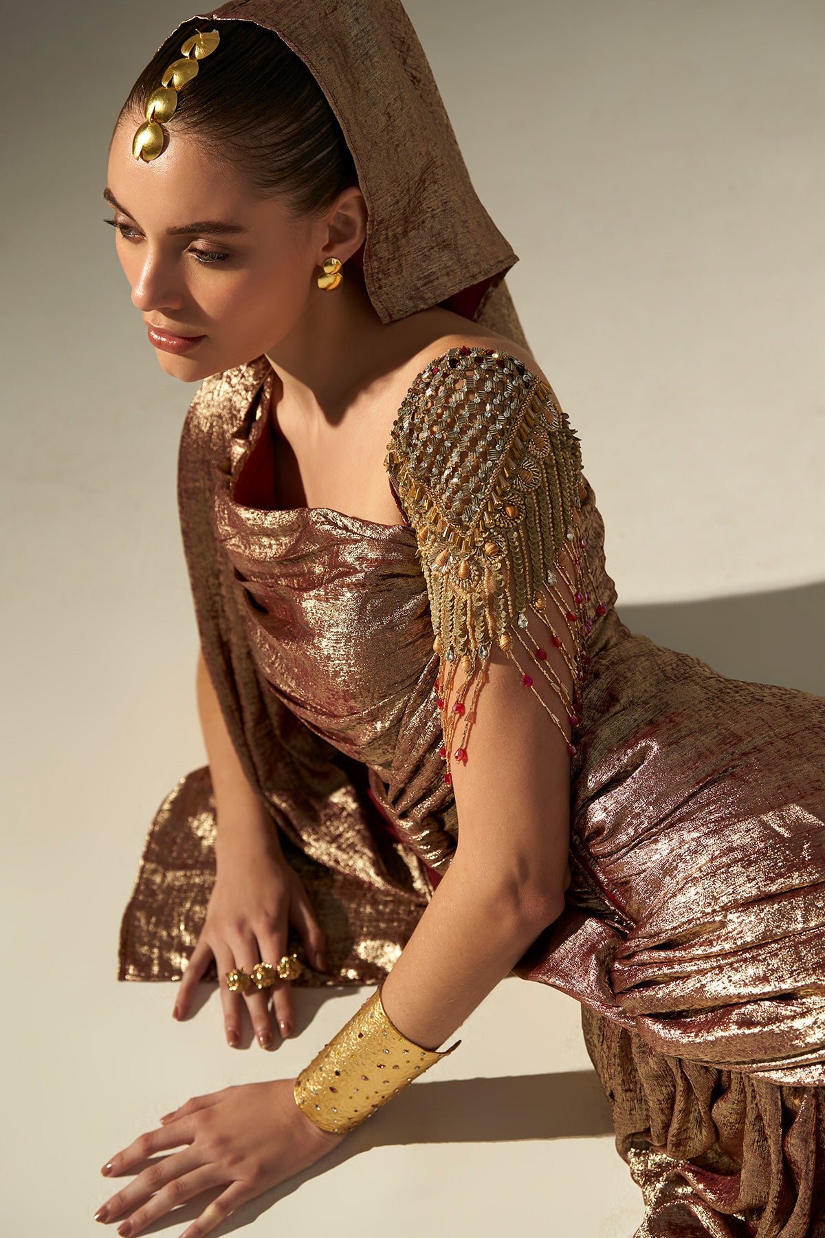 Metallic Red Indo Fusion Drape Motif Dress