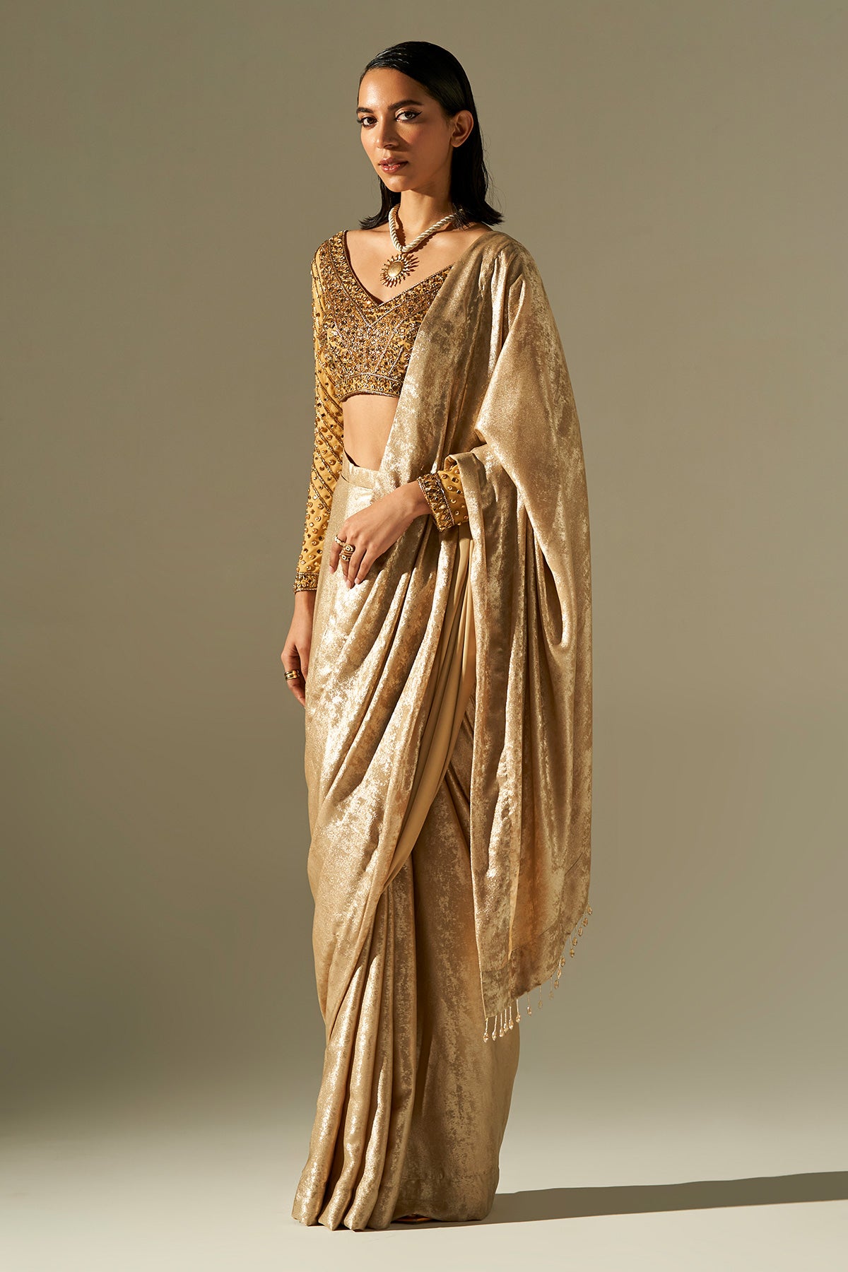 Shade Gold Zari Handwork Blouse Pre Stiched Saree