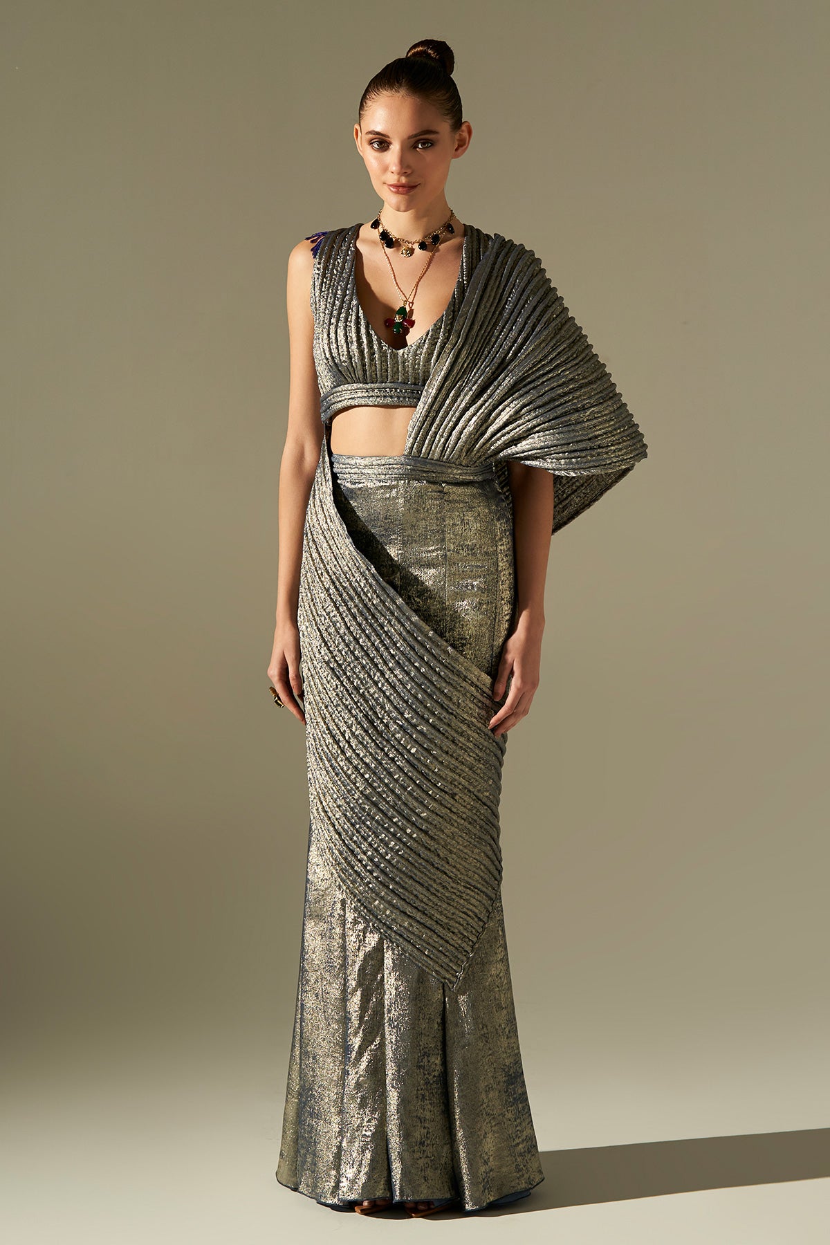 Metallic Blue Dori Skirt Saree With Dori Blouse