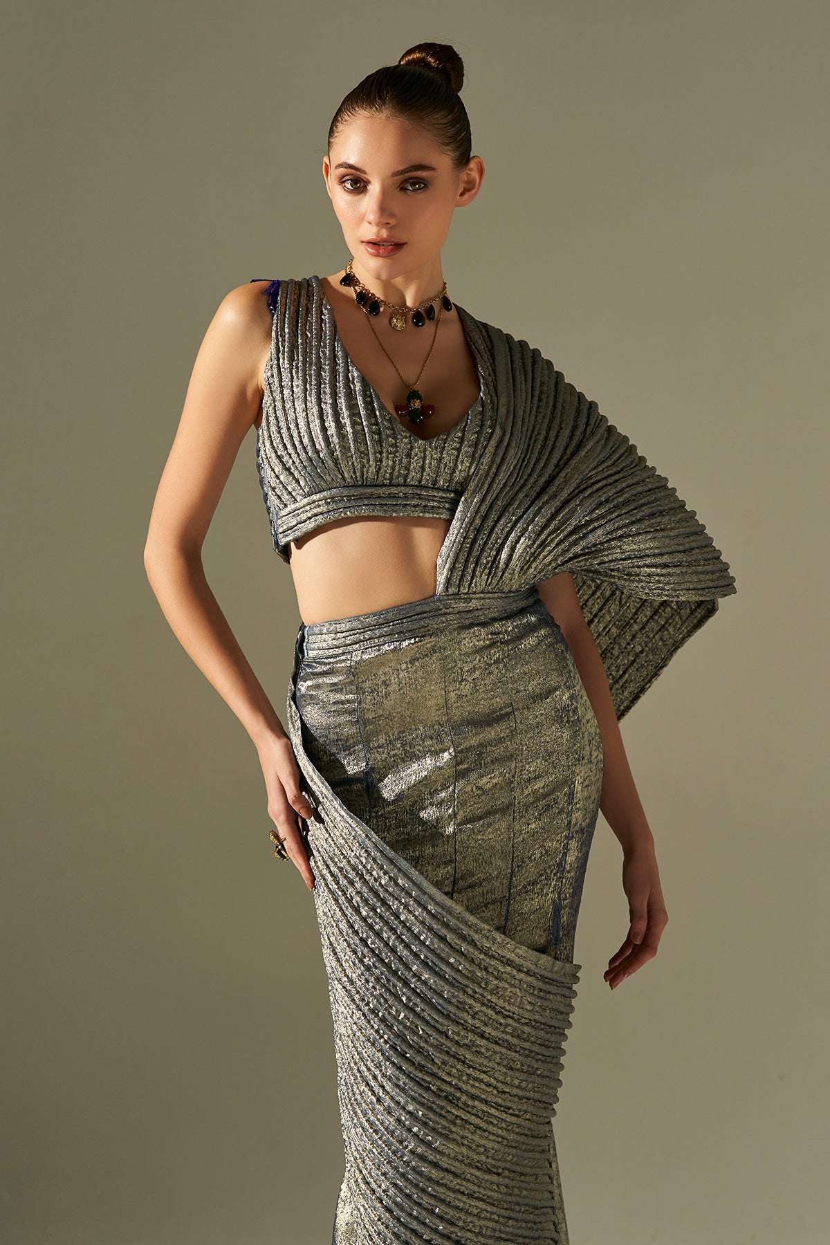 Metallic Blue Dori Skirt Saree With Dori Blouse