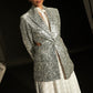 Silver Sequence Cut Out Blazer With Pleated White Skirt