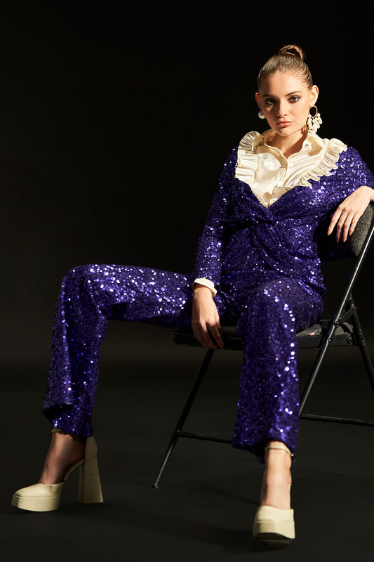 Purple Glam Sequence Jumpsuit Styled With Ruffle Shirt