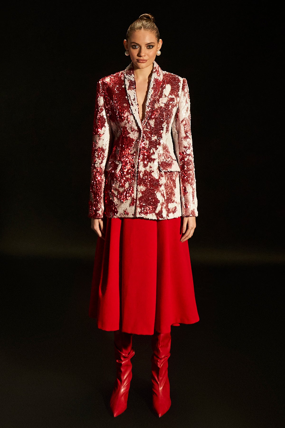 Shaded Merry Red White Sequence Blazer With Flaired Red Skirt