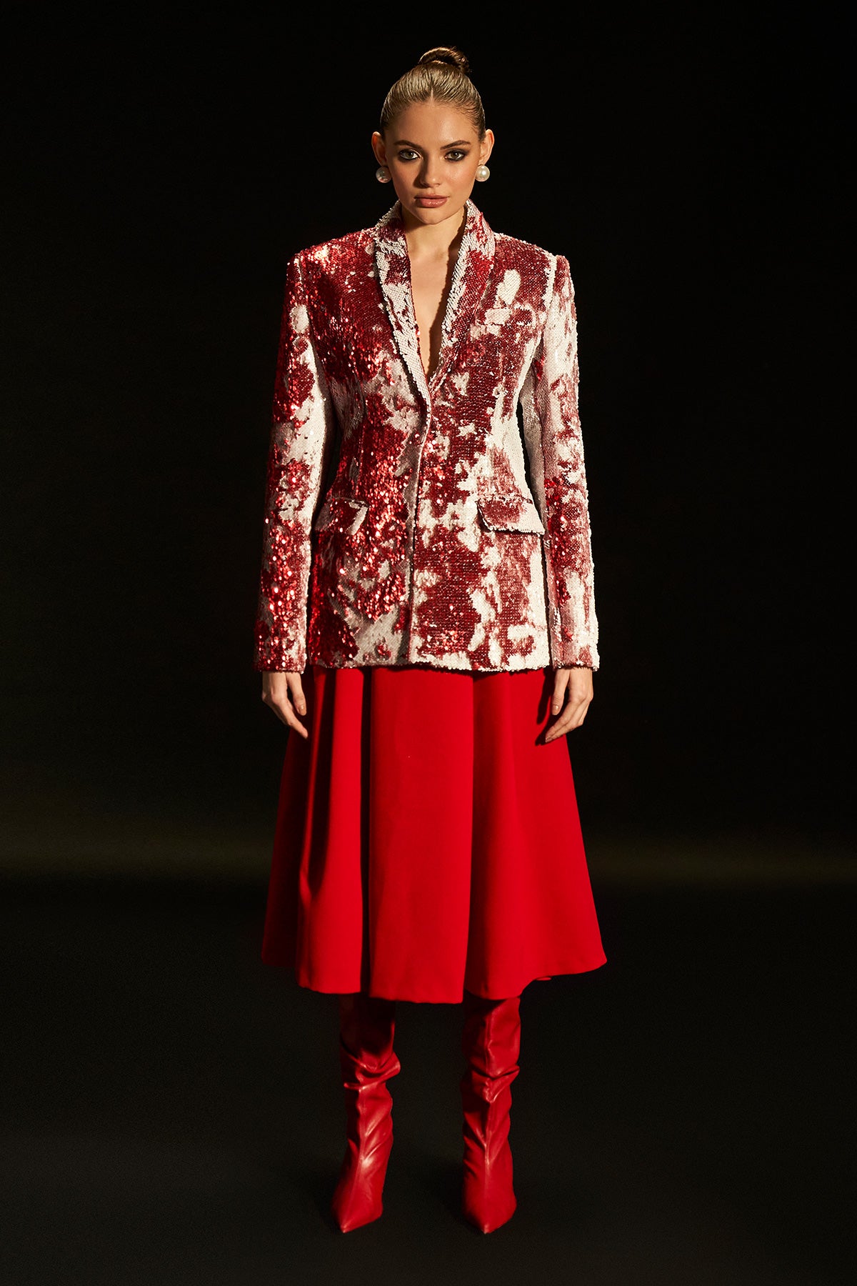 Shaded Merry Red White Sequence Blazer With Flaired Red Skirt
