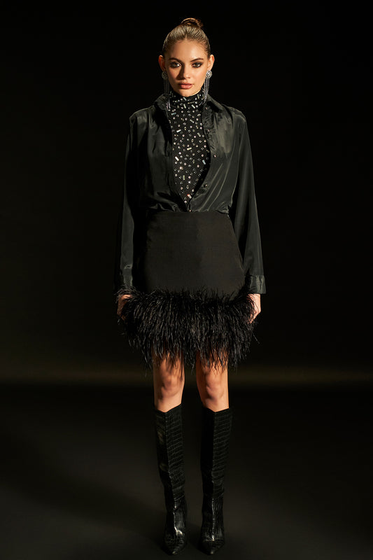 Glam Crystal Diamond Bodysuit With Black Furry Skirt With Satin Shirt