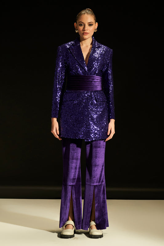 Purple Sequence Blazer Set With Dori Corset Belt