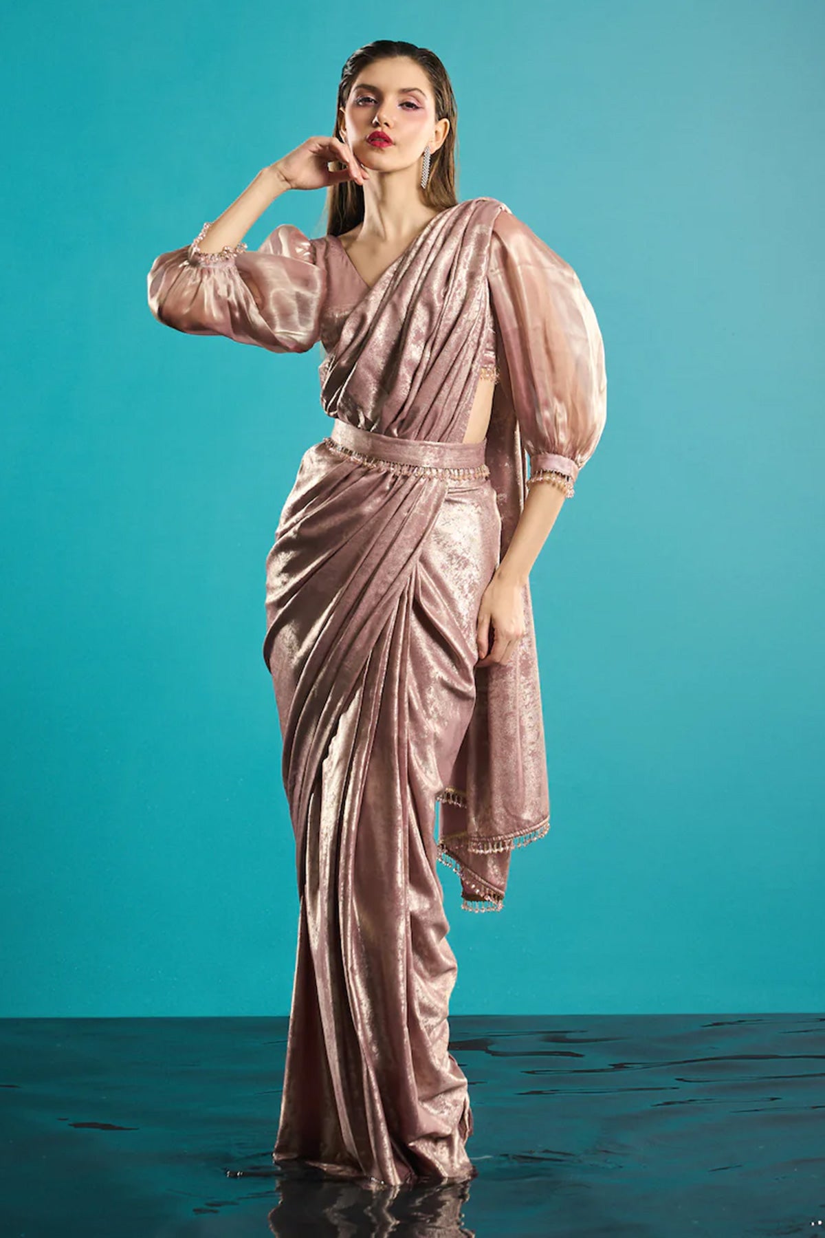 Foil rose gold  organza sleeves pre-stiched saree