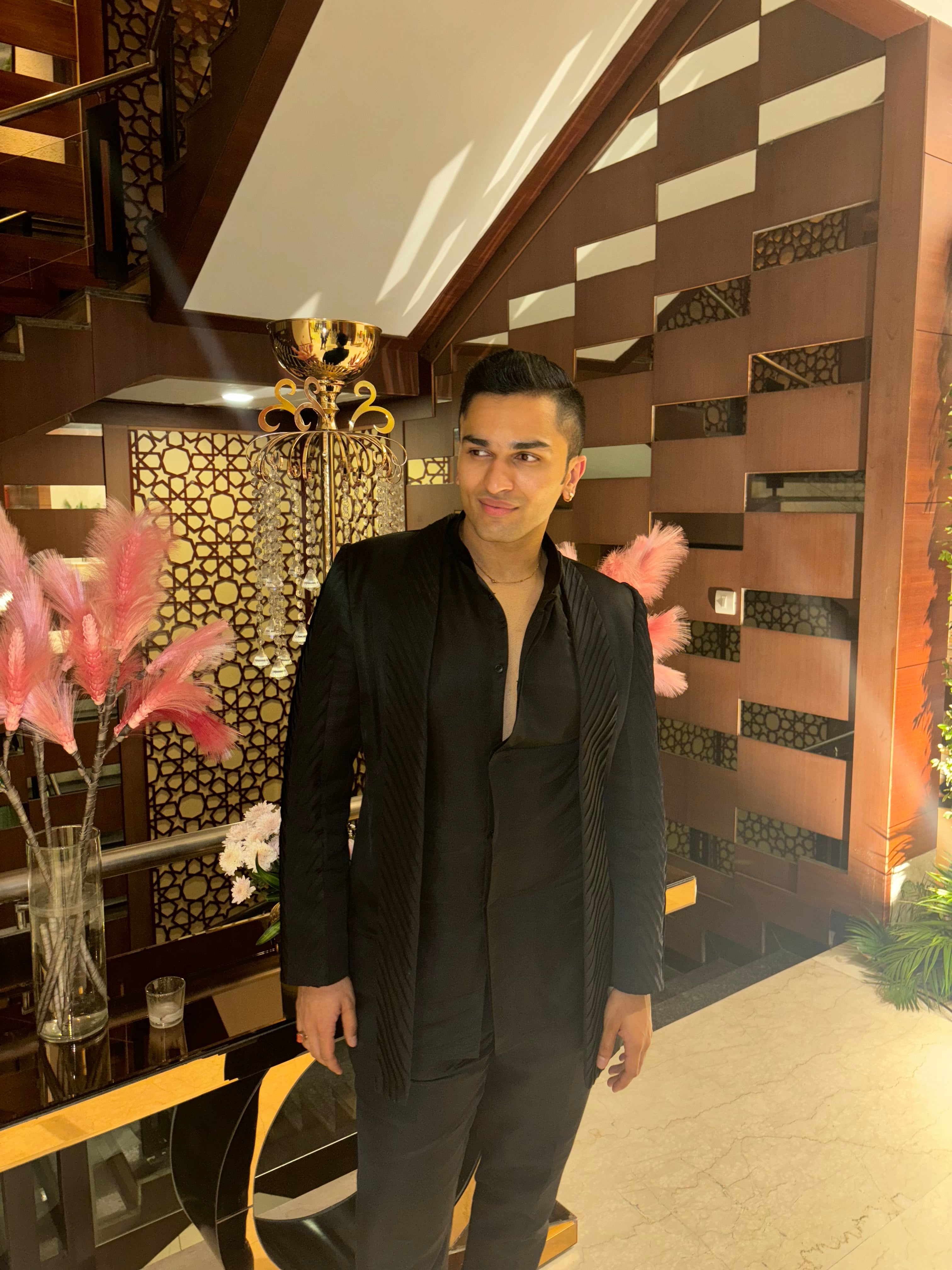 Tuck black kurta pants with open pintuck indo- western jacket set