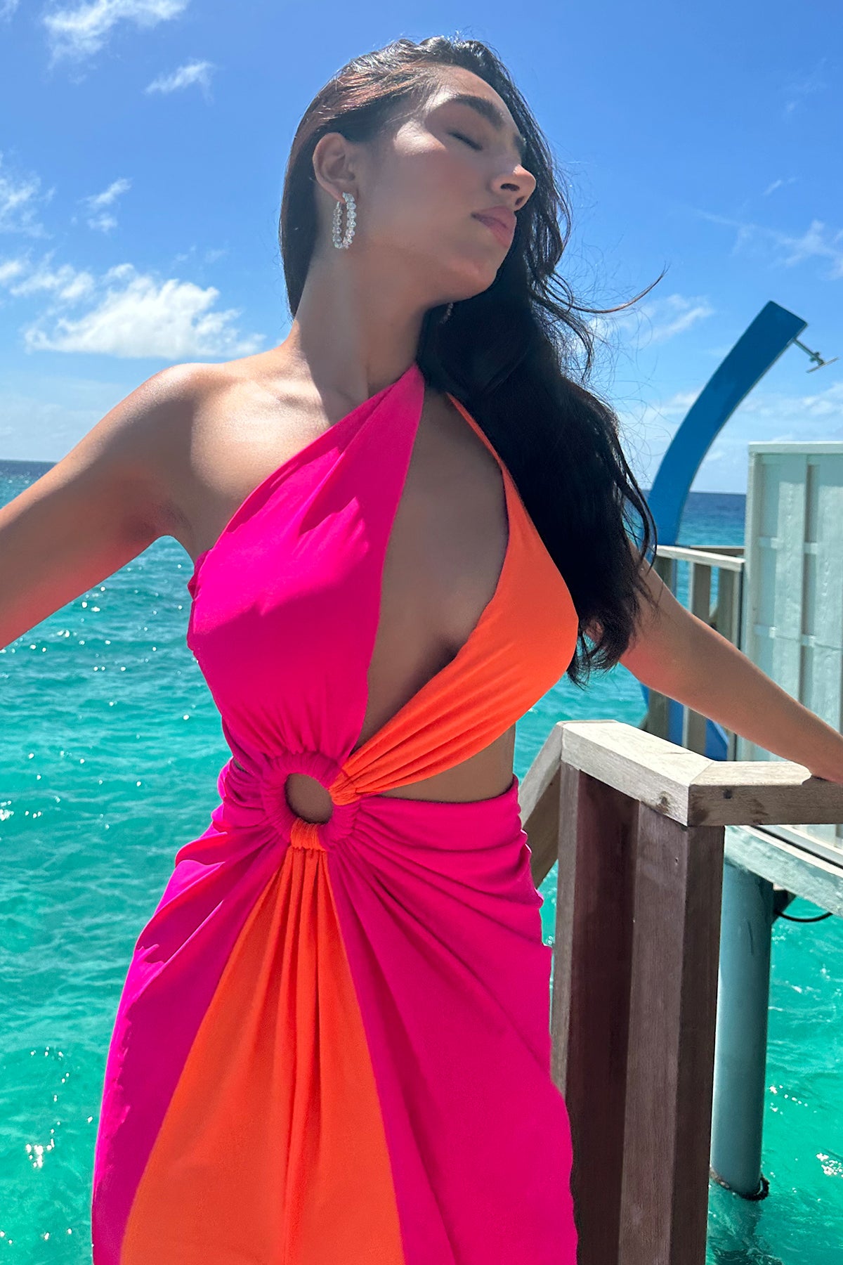 Neon Color Block Drape Dress