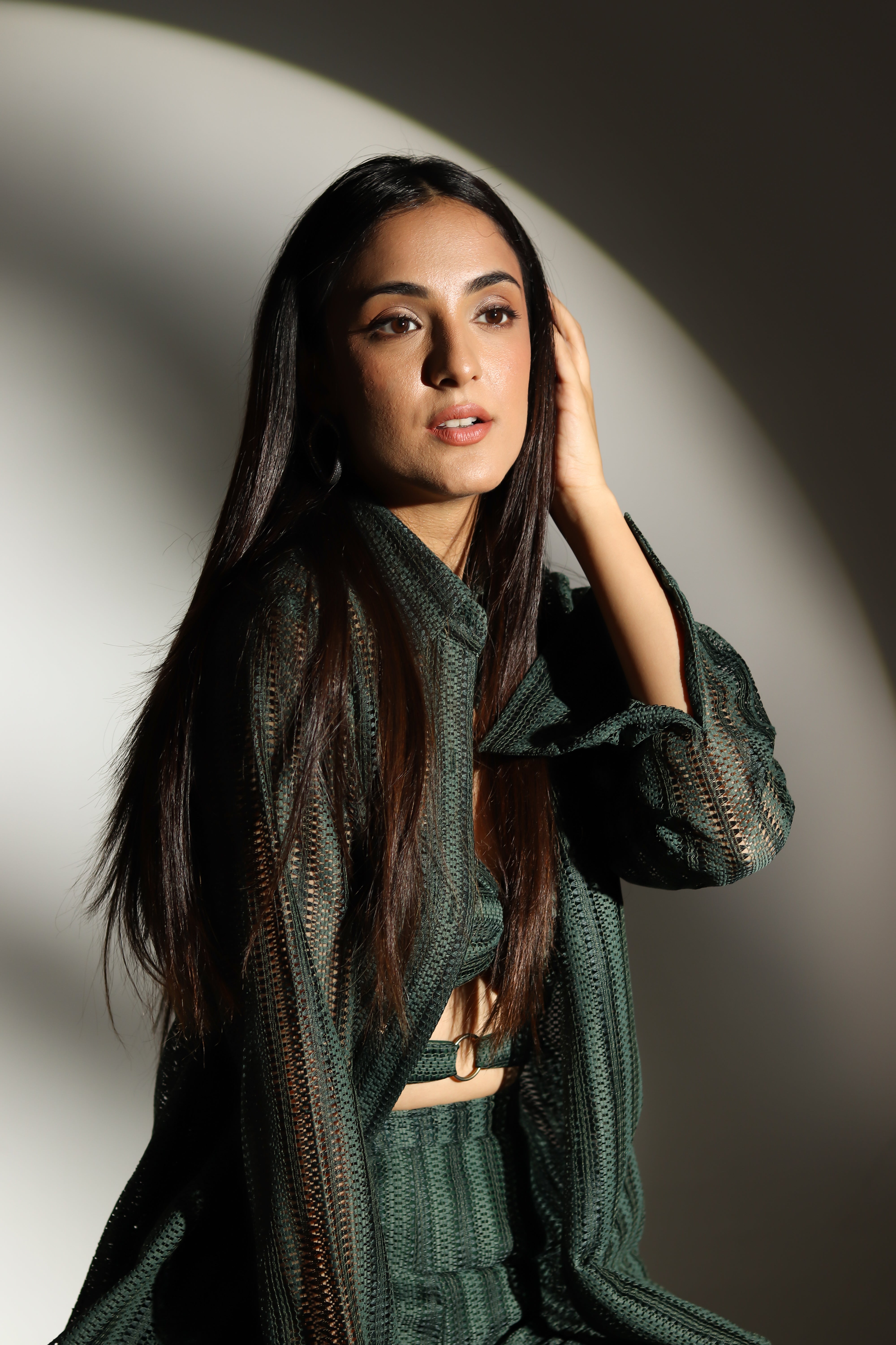 crochet knitted buck bustier marina green coord with shirt