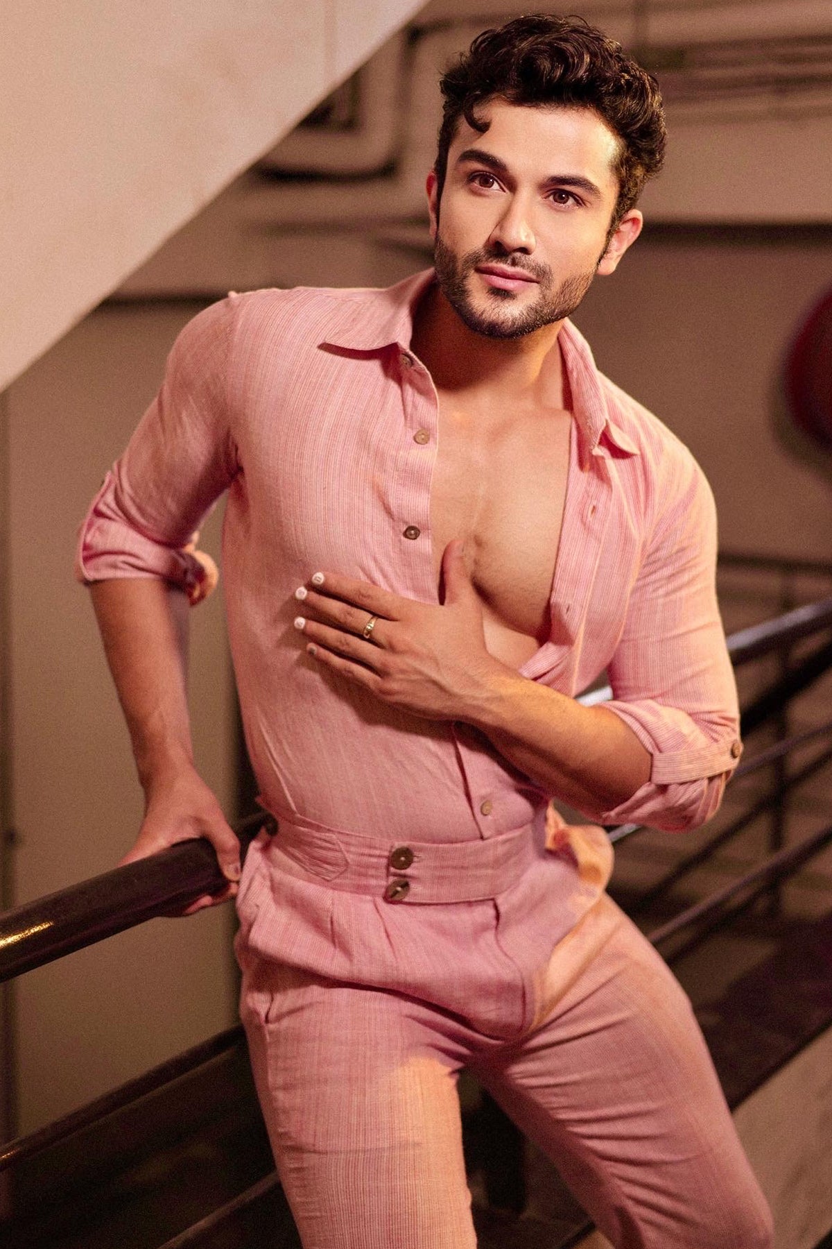 Texture And Stripe Pink Linen Cord Pants  And Shirt